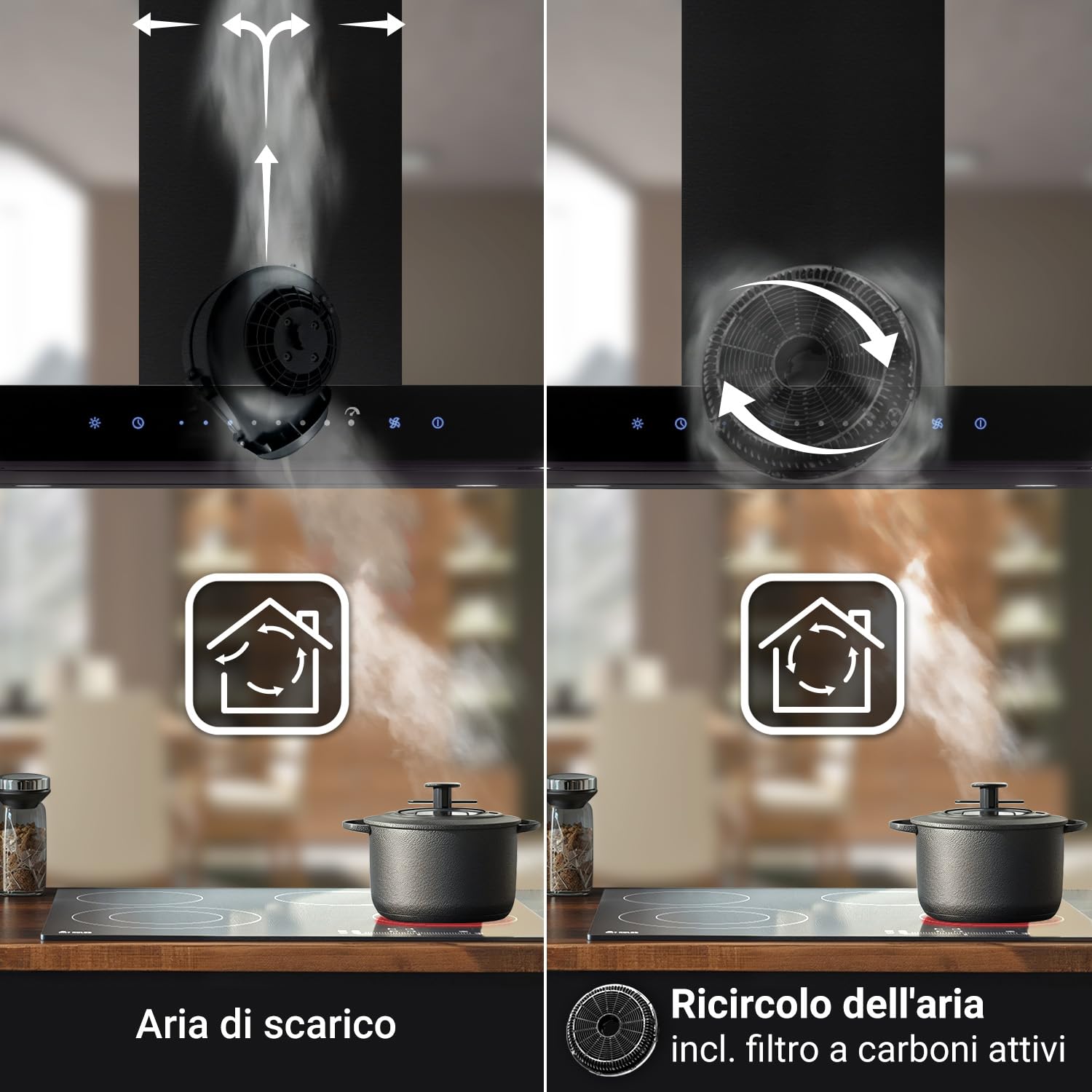 KKT KOLBE A+++ Cappa aspirante 90 cm 680 cbm/h Isola di scarico dell'aria nera vetro Smart WiFi App Wi-Fi Funzione di ricarica automatica SensorTouch con filtro a carbone FLAT-INSEL-6S