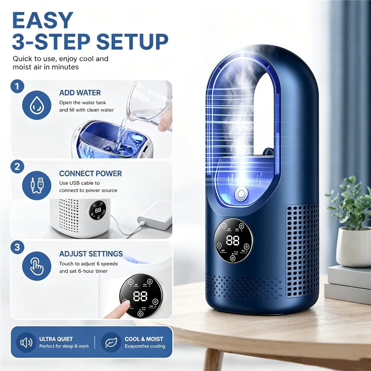 Mini condizionatore d'aria portatile con ventilatore silenzioso senza pale con 6 velocità del vento e timer da 1-6H, umidificatore, alimentato tramite USB，Bianco+blu Scuro