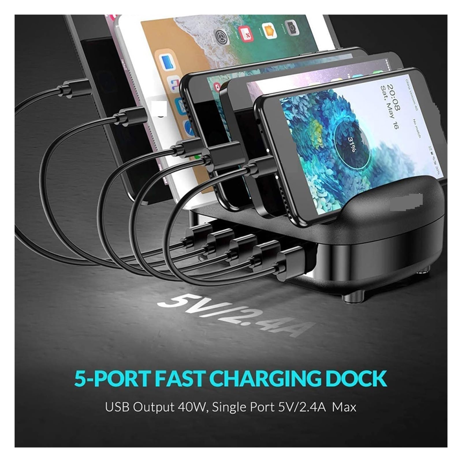 Wieloportowa Stacja Dokująca Do Ładowania USB Stojak Z Wieloma Wtyczkami Adapter Ładowarki 5 USB A Zasilacz Do Smartfona Z Telefonem Komórkowym Szybki Sejf(White)