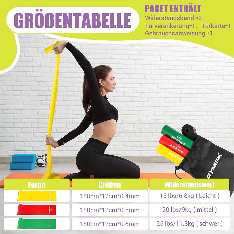 GYMERK Fitness szalag szett 3 darab 1,8m ellenállásos gumiszalag jóga edzéshez