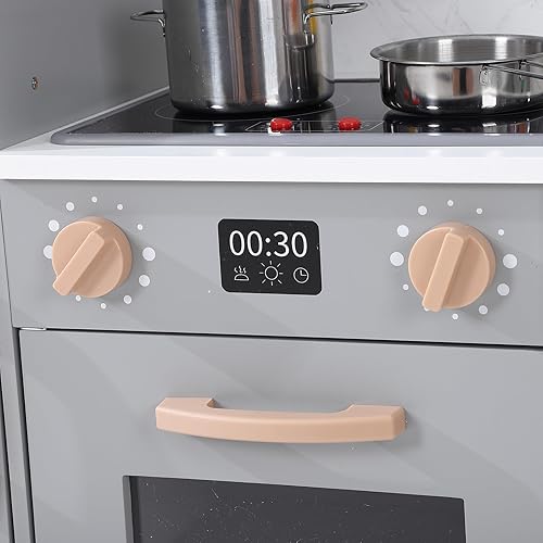 Miniatura 3 de Juego de cocina de madera - Juego de cocina gris con accesorios de utensilios de cocina, microondas, horno, fregadero, luces reales y sonidos