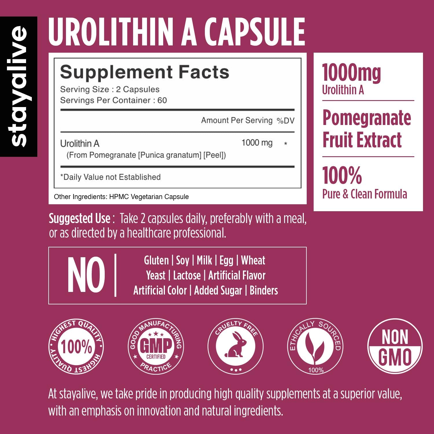 STAY ALIVE Urolithin A Supplement 1000mg, 120 Pills, Pure Mitochondrial Supplement from Pomegranate Extract, Non-GMO and Gluten-Free Urolithin A+ Capsules for Men and Women - Image 2