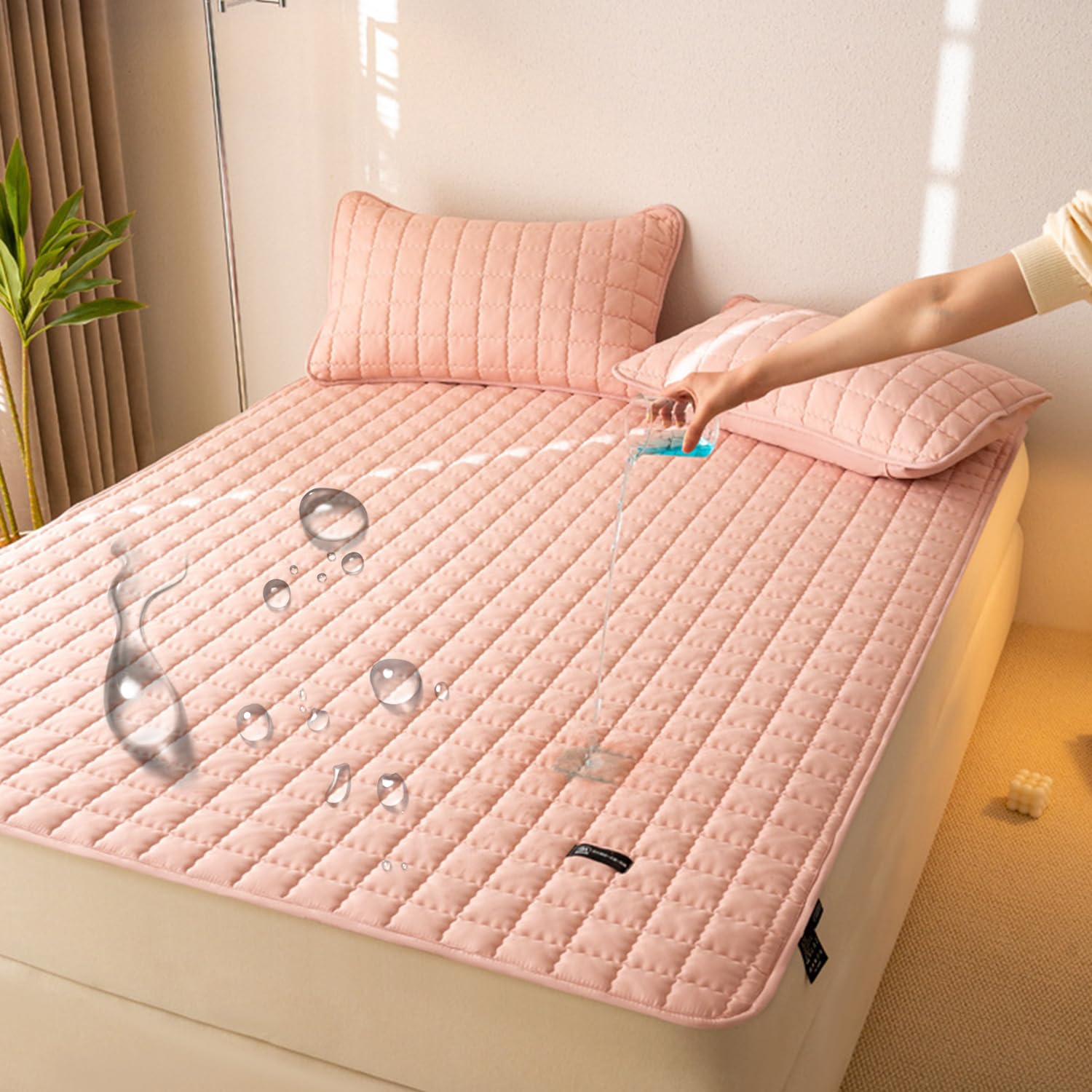 LDLCYCN ,A/pink,150 * 200cm/QUEEN, Waterproof Mattress Pad Cover with Corner Strap Quilted Mattress Protector