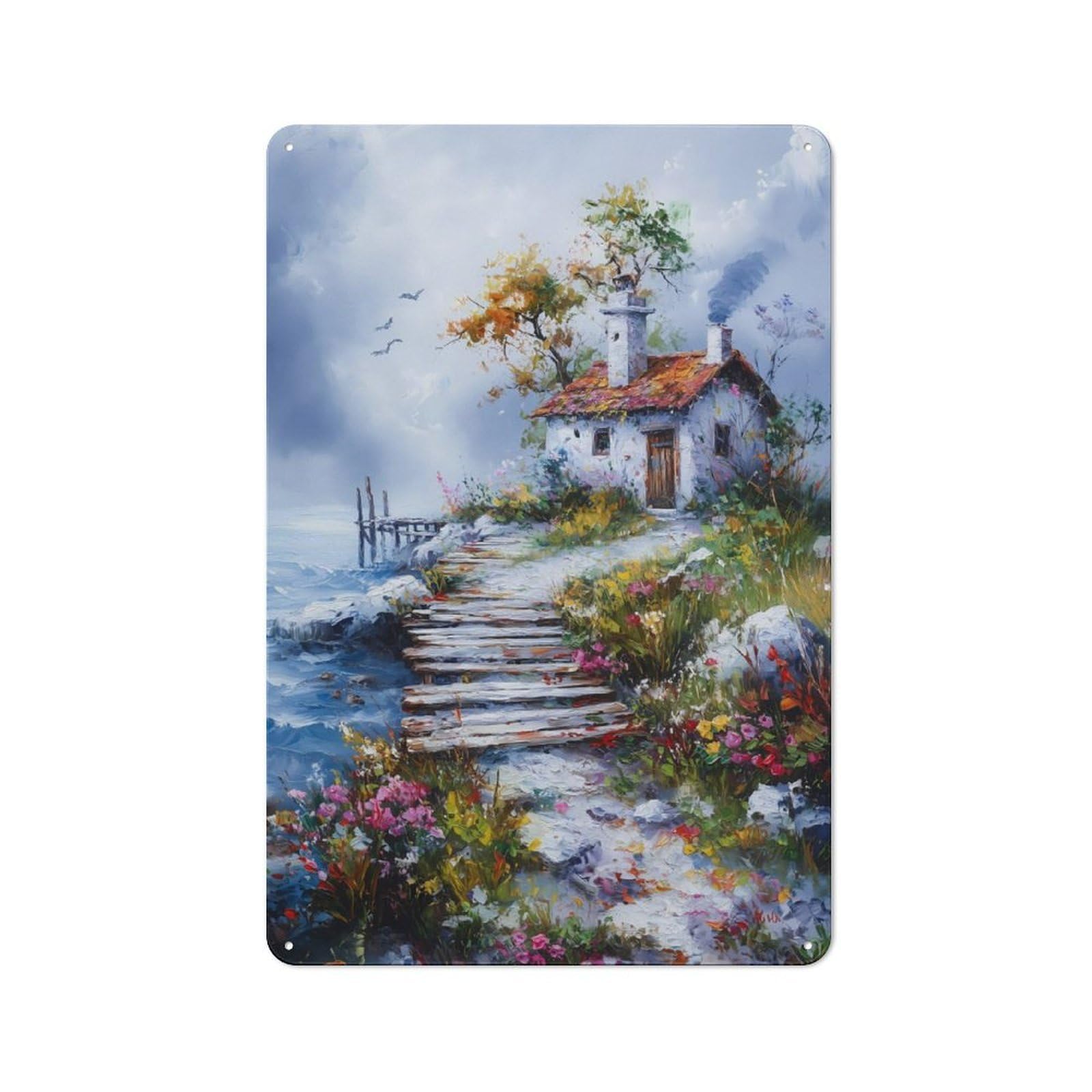 Junmoney Coastal Cottage Painting 30X20cm Retro Tin Wall Plaque With For Pub Or Café, A Winter Wall Decor Update For Café Interior Fans