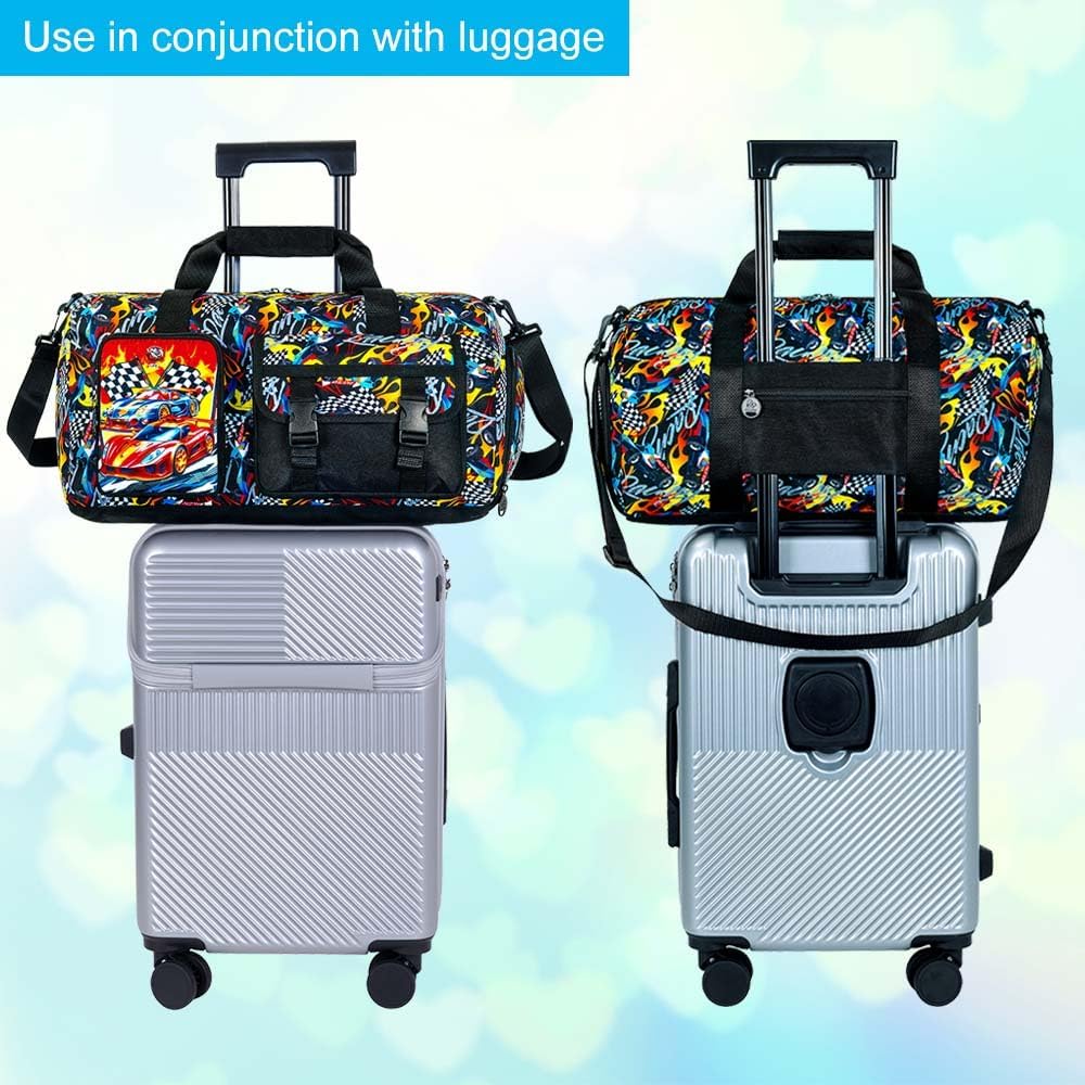 Kids Duffle Bag for Boys, Carry On Weekender Travel Bag, Race Car Overnight Sport Gym Bags with Shoes Compartment(Black) - Image 6