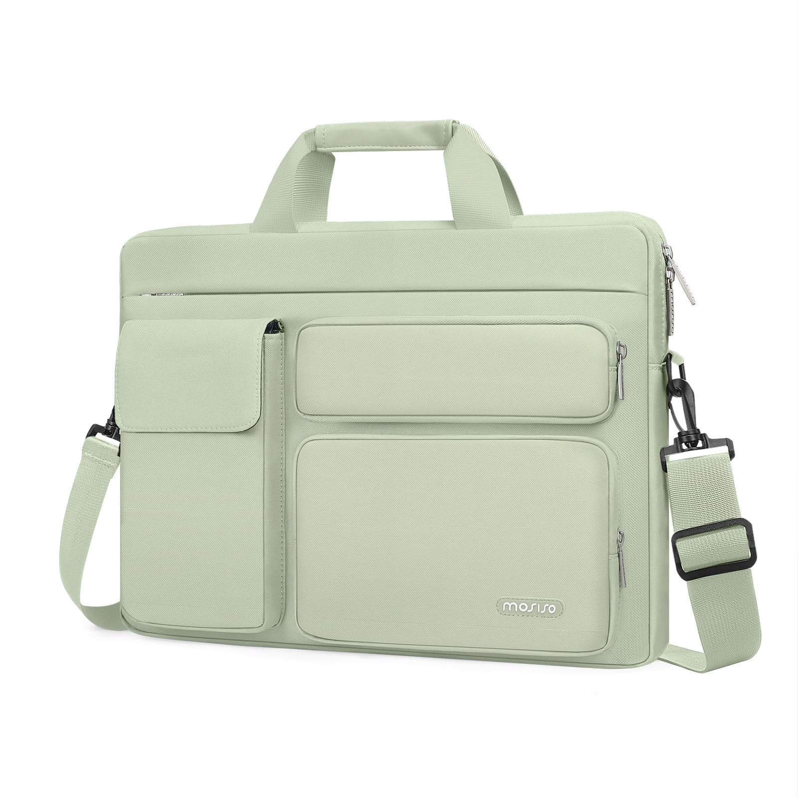 MOSISO Laptop Shoulder Bag Compatible with MacBook Air/Pro,13-13.3 inch Notebook,Compatible with MacBook Pro 14 inch M4 M3 M2 M1 with 2 Raised&1 Flapover&1 Horizontal Pocket&Handle&Belt, Sage Green
