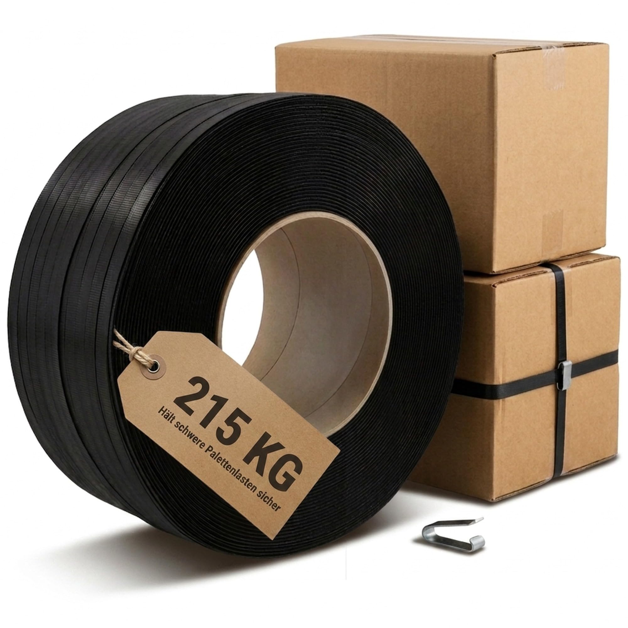KK Verpackungen PP Umreifungsband 16 mm x 2000 m | 1 x Rollen Schwarz | Reißfestigkeit 215 KG, Stärke 0,65 mm | Für Kartons & Paletten | Polypropylen Kern 200 mm