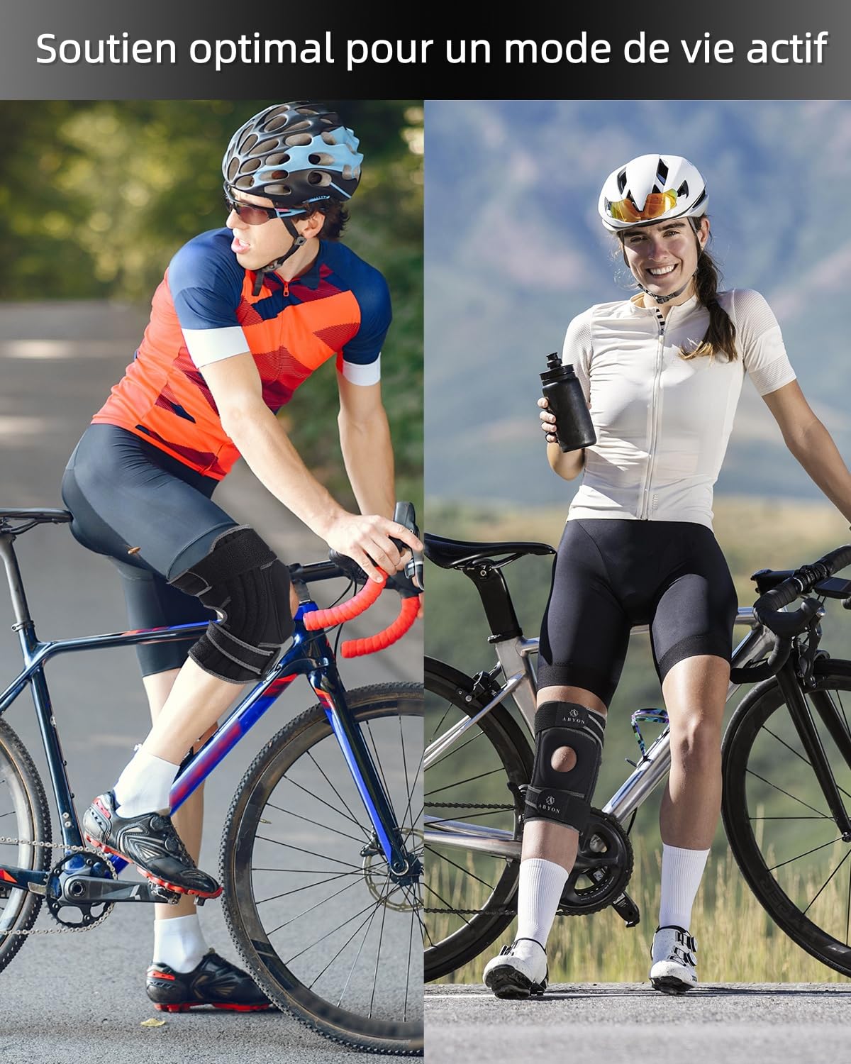 ABYON ELITE Genouillère Hommes & Femmes avec sangles antidérapantes réglables 4 niveaux et stabilisateurs latéraux – Attelle de genou pour douleurs, arthrite, LCA, ménisque, genou du coureur