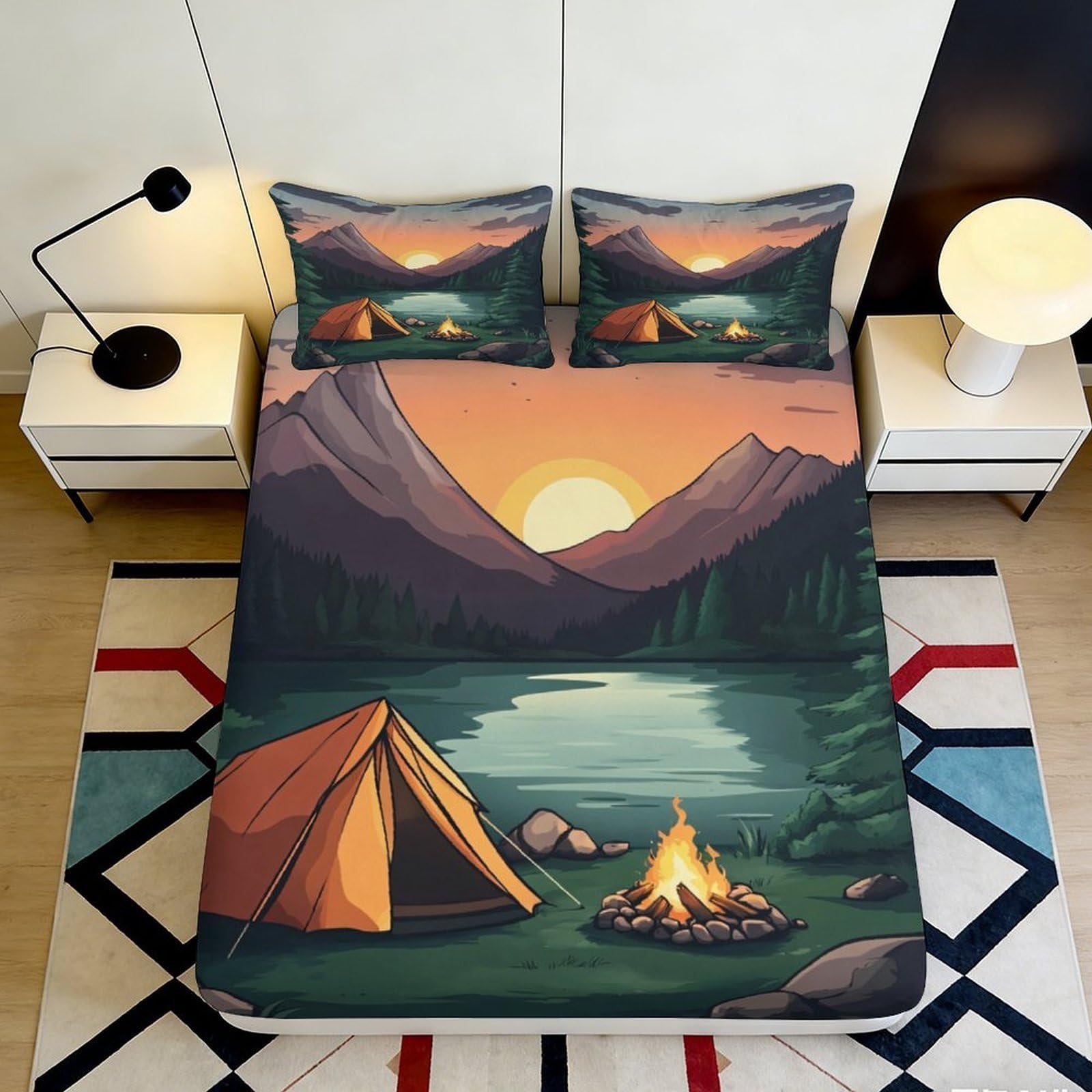 3D Printed Camping Sunset Fitted Sheet Microfiber Soft Breathable Mountain Lake Bed Cover for Bedroom Guest Room Decor 160x200x25cm