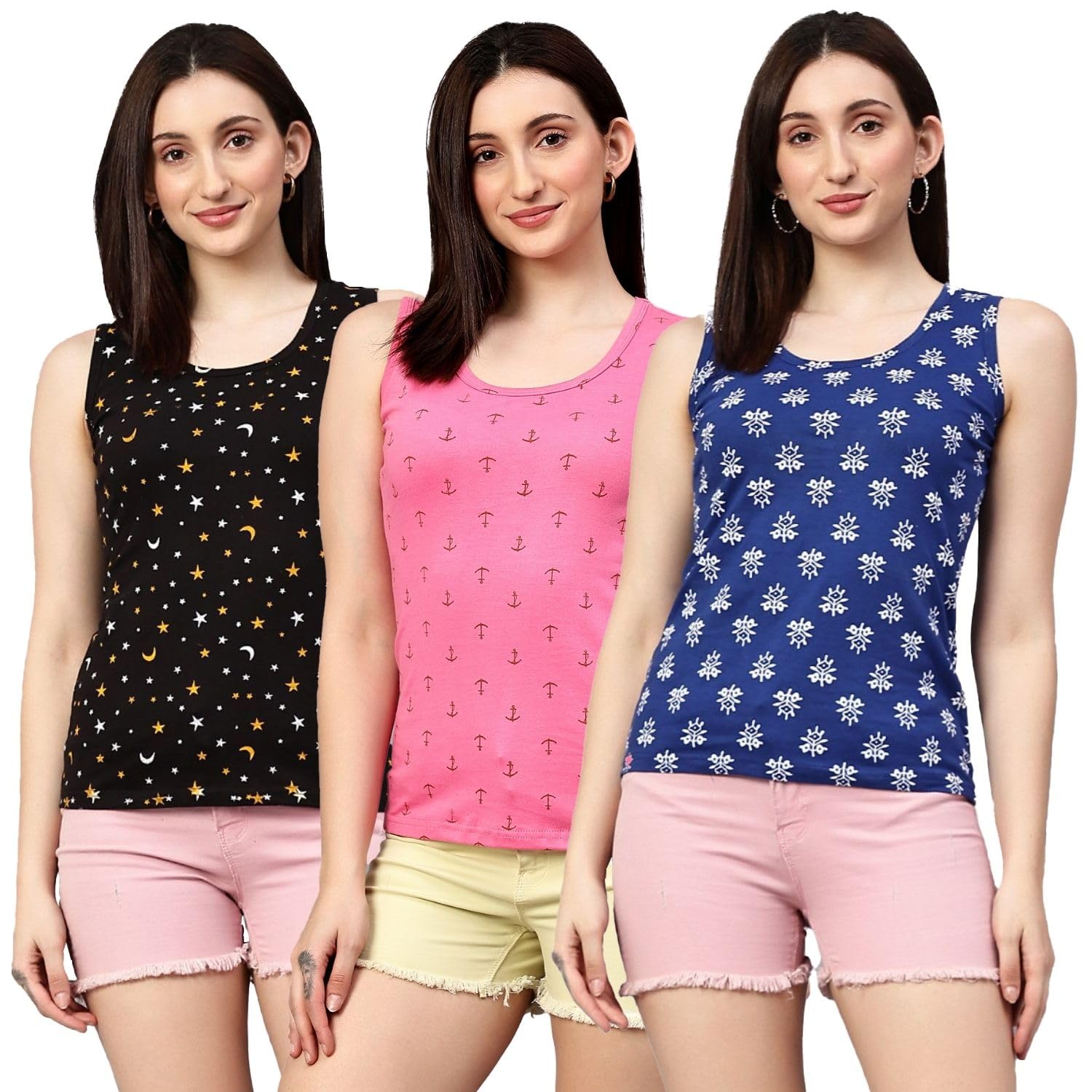 DIAZ Women's Super Combed Cotton Rib Fabric Slim Fit Tank Top-Pack of 3