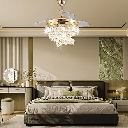 Miniatura 5 de CLAIRDAI Ventilador de techo retráctil de 42 pulgadas, ventilador de techo de cristal con luz regulable, ventilador de techo invisible de 6
