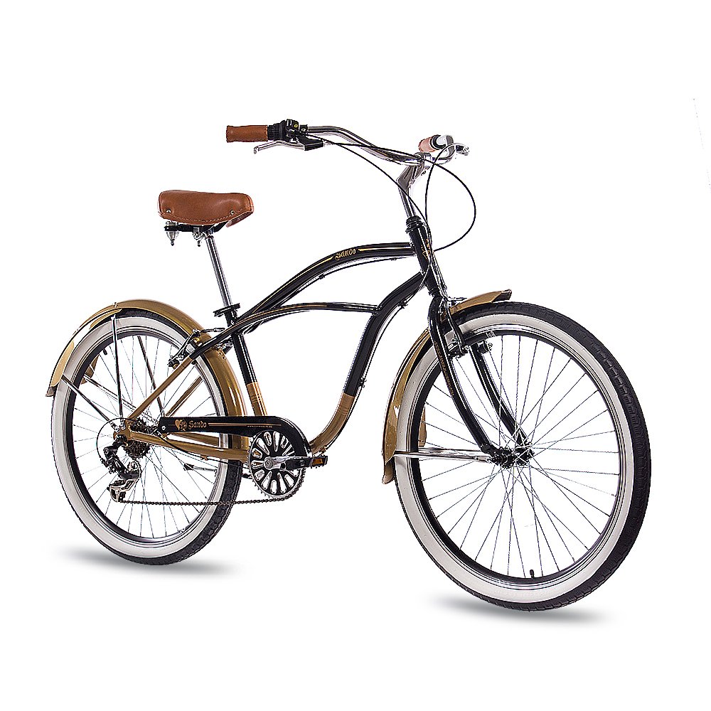 CHRISSON 26 Zoll Beachcruiser Sando schwarz Gold mit 6 Gang Shimano Tourney Kettenschaltung, Damenfahrrad, Herrenfahrrad im Retro Look, Vintage Cruiser Bike
