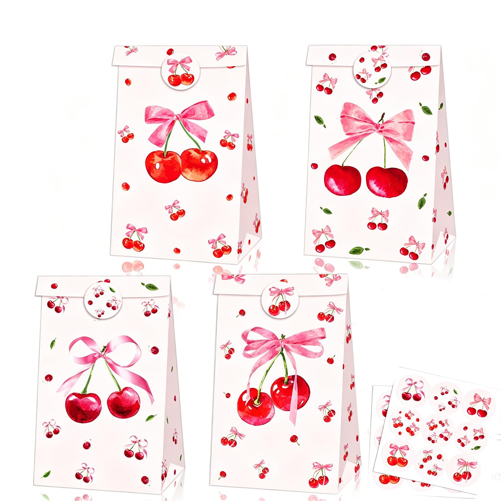12Pcs Paper Party Bags for Kids Party, 22x12x8cm Pink Bow Small Gift Bag Candy Goodie Treat Bags with 18 Stickers for Girls Boys Birthday Pink Bow Theme Parties Bag favours Presents