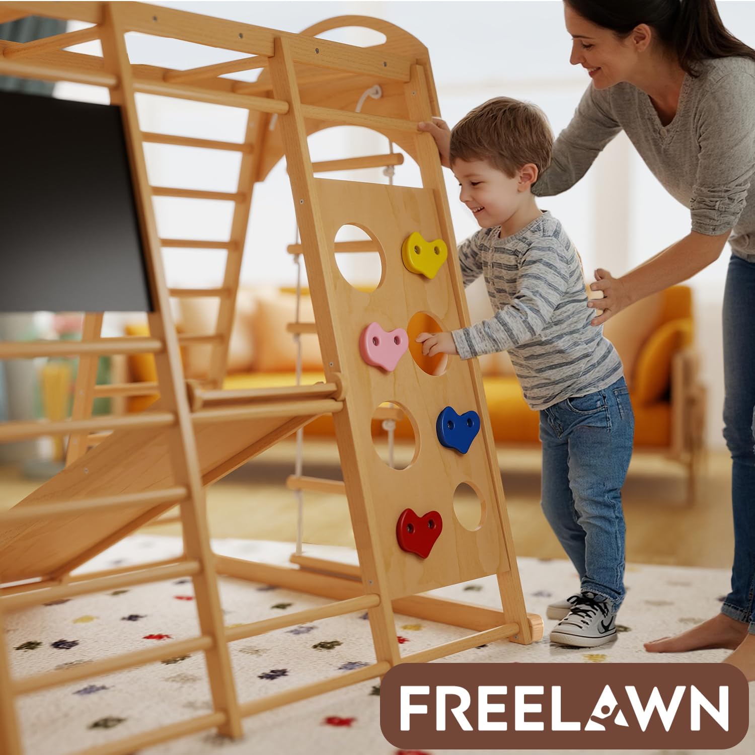 Klettergerüst Indoor Klappbar, Montessori 9-in-1 Holzspielplatz mit Rutsche, Schaukel & Kletternetz, Sprossenwand Kletterdreieck für Kinder 1-6 Jahre (Natur)