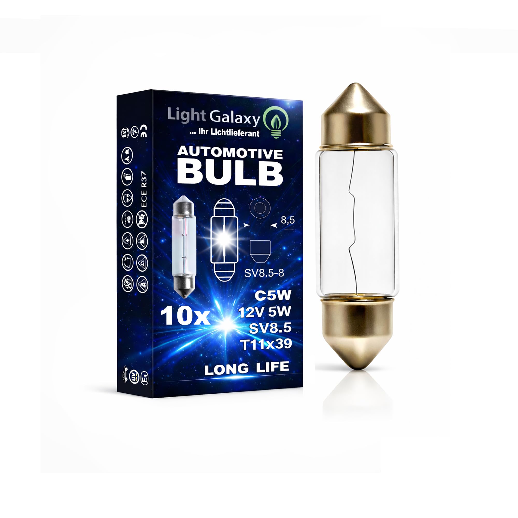 Light Galaxy ... Ihr Lichtlieferant Soffitte 39mm C5W 12V 5W SV8.5 für Auto Anhänger Innenraum Kennzeichen Kofferraum Beleuchtung – 10er Set