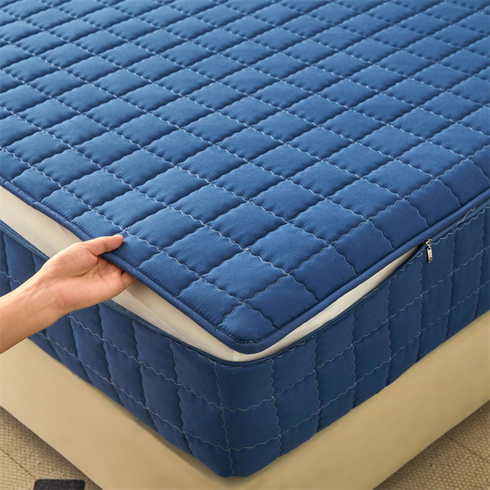 Full Cover Quilted Mattress Protector Zipped Mattress Topper Single/Double/King 135x190/200 Fitted Sheet Noiseless Breathable 6 Sided Zipper Closure Full Encasement Covers Washable(135X190+20cm,E)