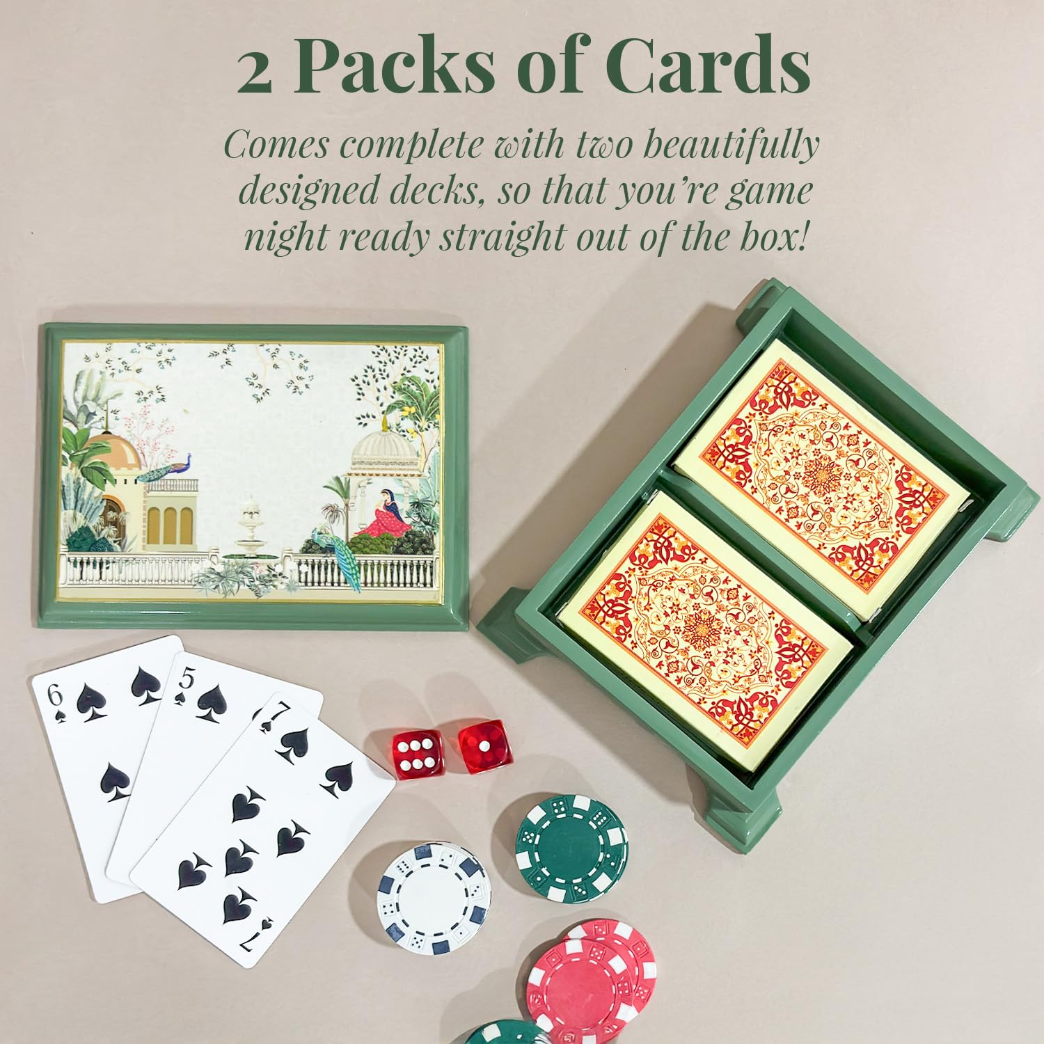 Craftslane Wooden Playing Cards Box Case Tash Holder with 2 Deck Card Organizer Box Gift Box (17.8 x 16 x 11.7 cm) (Garden Princess Playing Card Boxes) 4