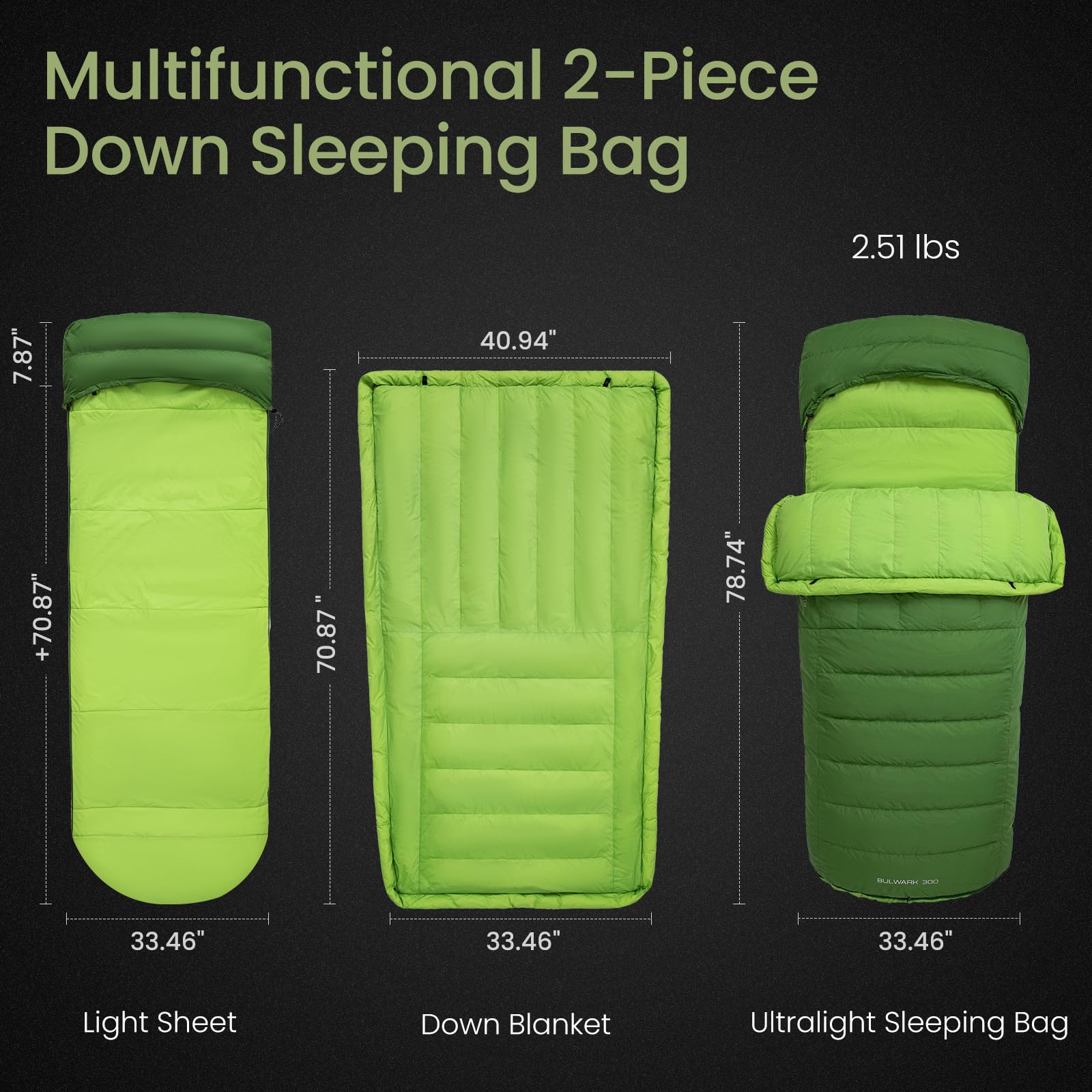 ATEPA Saco de Dormir de plumón para mochilero, Ultraligero, 650 FP, -6.7 °C/-1.1 °C 4 Estaciones, Saco de Dormir de 2 Piezas, Material reciclable con Saco de compresión, como Manta, Verde