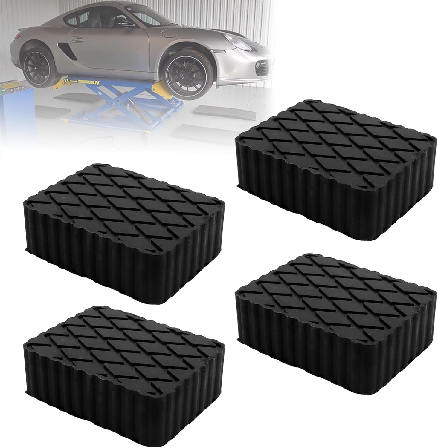RULLINE 4 Pack Solid Rubber Auto Lift Pads Anti-Skid Lift Block Spacer Pad for Car Lifts Jacks and Racks 3000lbs Loading Capacity 6.3" x 4.7" x 3" Heavy-Duty Rubber Pads for Frame Protection