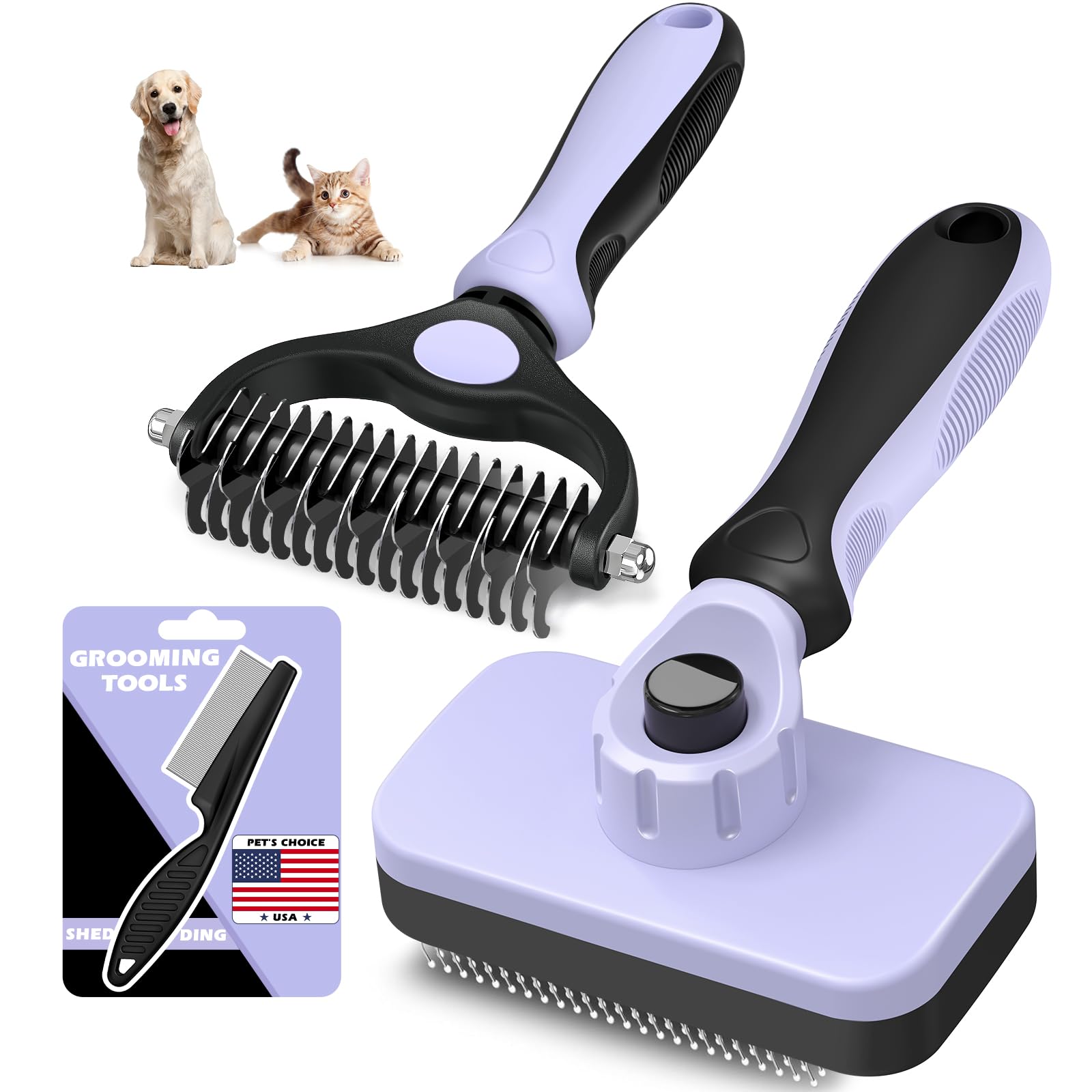 3PCS Dog Brush I Dog Brush for Shedding I Dog Bath Brush I Slicker Brush For Dogs I Dog Comb I Premium Pet Supplies (Light Purple)