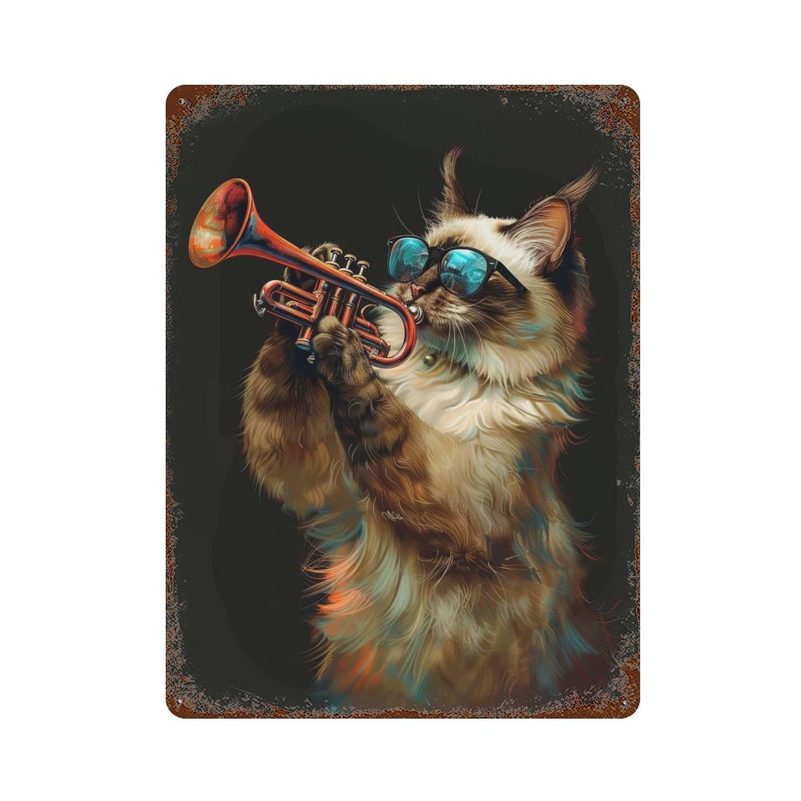 Balinese Trumpet Rust Effect Tin Sign 15.7"x11.8", Old School Wall Decor for Farmhouse, Kitchen And Entryway Decor