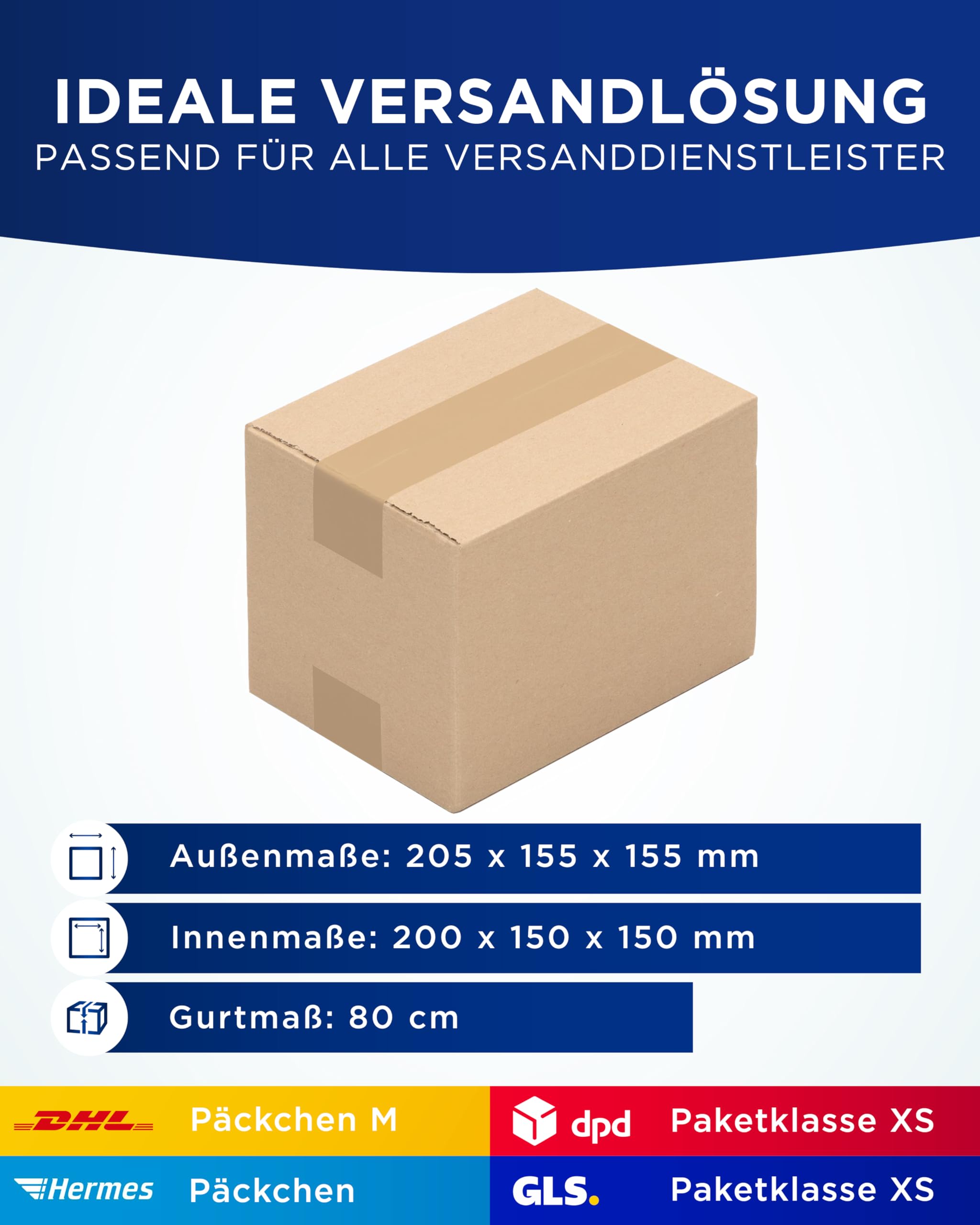 KK Verpackungen Versandkartons 200 x 150 x 150 mm Braun 1-wellig (Außenmaß 205 x 155 x 155 mm) | 150 Stück, Faltkartons Kartons für Versand als DHL Päckchen M Hermes Päckchen DPD GLS Paketklasse XS