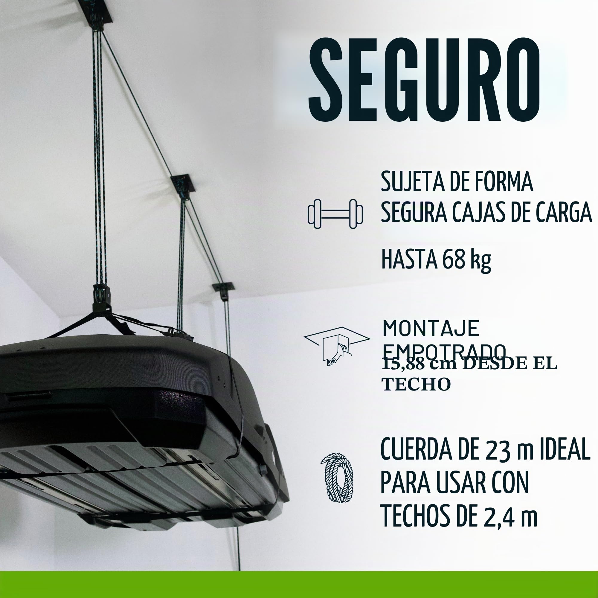 Teal Triangle Elevador de caja de carga resistente Elite, sistema de poleas de garaje de fácil elevación, soporta 68 kg, apto para techos de 2,4 m, correa antideslizante patentada, no requiere montaje