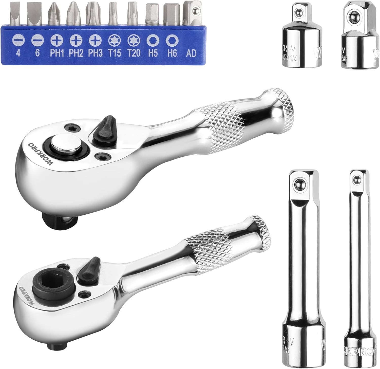 WORKPRO Stubby Ratchet & Bit Driver Set 16 PCS, 1/4", 3/8" Drive Ratchet Handle Wrench, 72-T Quick-Release Reversible Socket Wrench, 2 Socket Adapters, 2 Extension Bars, 10 PCS 1/4" Hex Bits