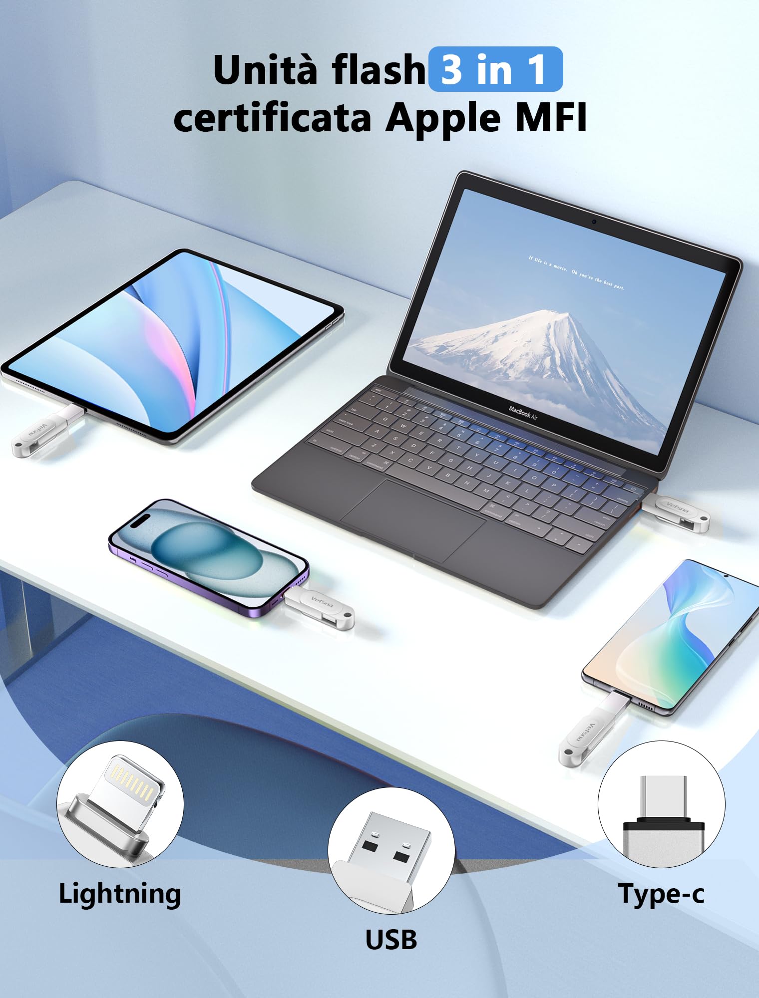 Vefsna MFi Certificazione Chiavetta iPhone 256GB, Memoria Esterna per scaricare foto,Pen Drive USB,Photo Stick, 3 in 1 USB Stick per IOS/iPad/Android/PC(Foto/Video/Backup Automatico),Argento chiaro