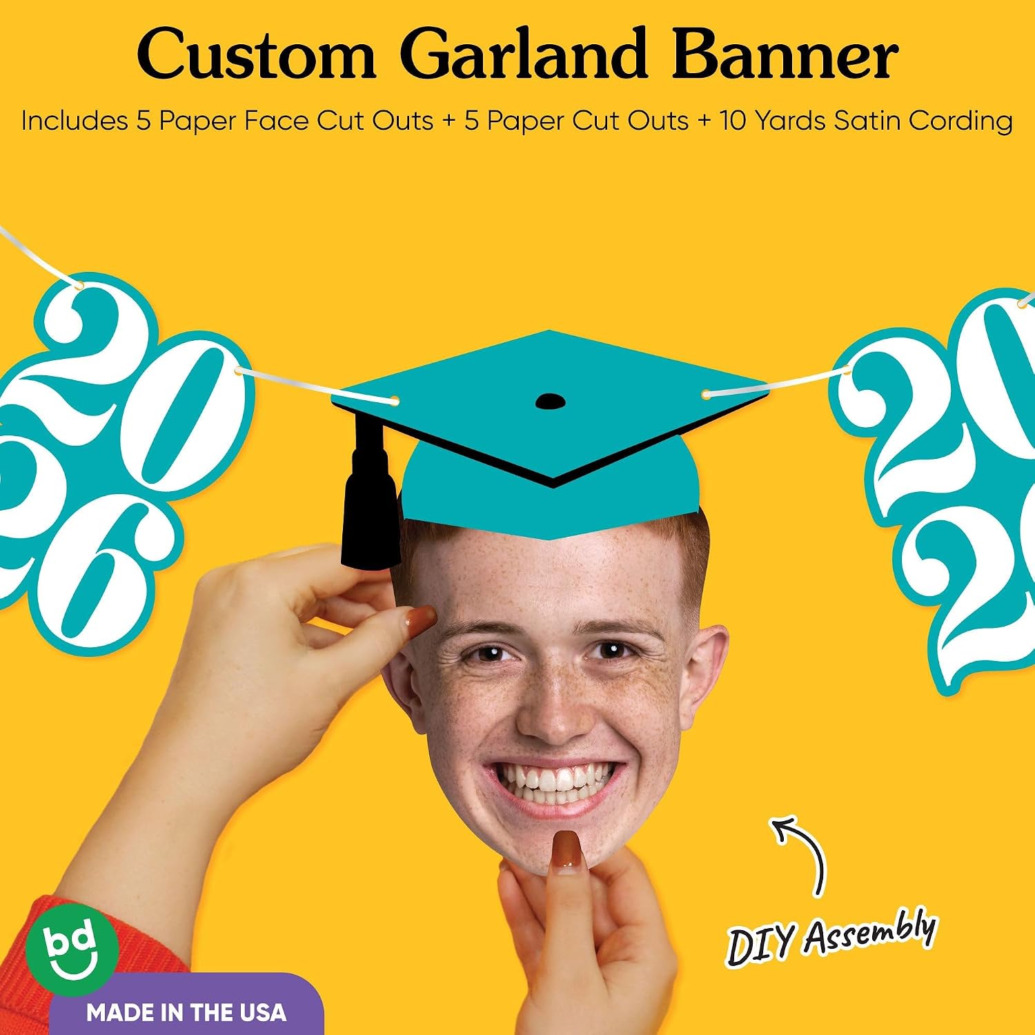 Big Dot of Happiness Custom Photo Teal Graduation Garland Banner, Personalized Grad Party Decoration, Face Cutout Banner Backdrop, 30 Feet of Cord, 5 2026 Shapes & 5 Faces with Grad Caps