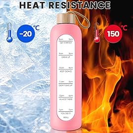 PROBTTL 25 oz Glass Water Bottles - Time Marker Motivational Borosilicate Glass Water Bottle With Silicone Sleeve and Bamboo Lid, Leak Proof, Reusable, BPA Free (Pink)