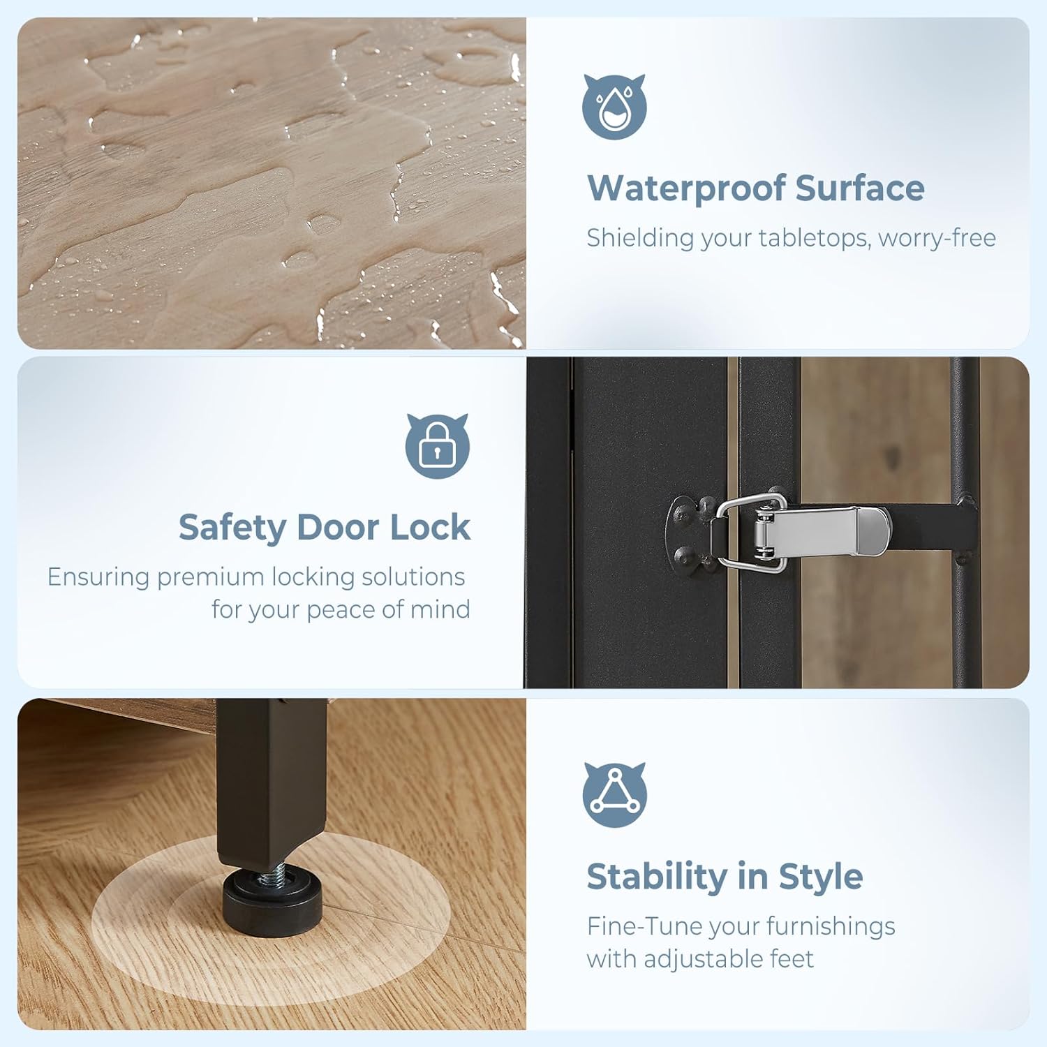Close-up images showing the waterproof surface, safety door lock, and adjustable feet of the dog crate.