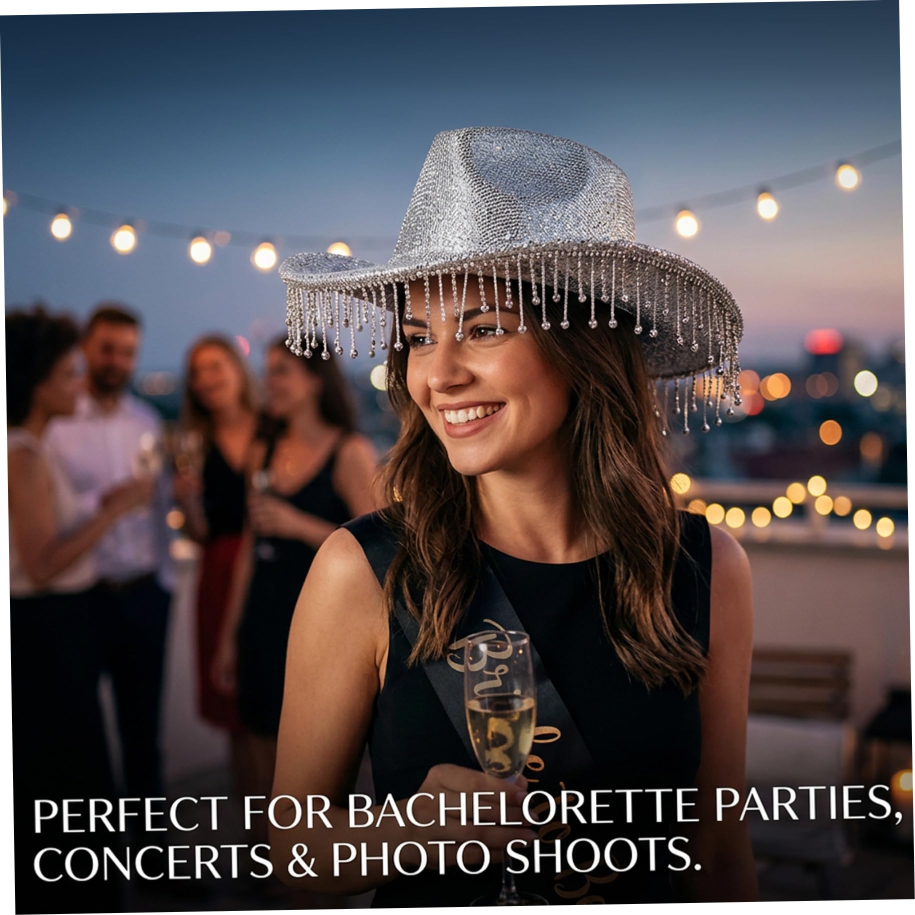 Sombrero de Vaquera con Diamantes de Imitación Sombrero de Vaquero Ajustable con Purpurina Plateada con Purpurina y Borlas Ideal para Mujer Gorra Occidental Liviana Ideal para Eventos al Aire Libre