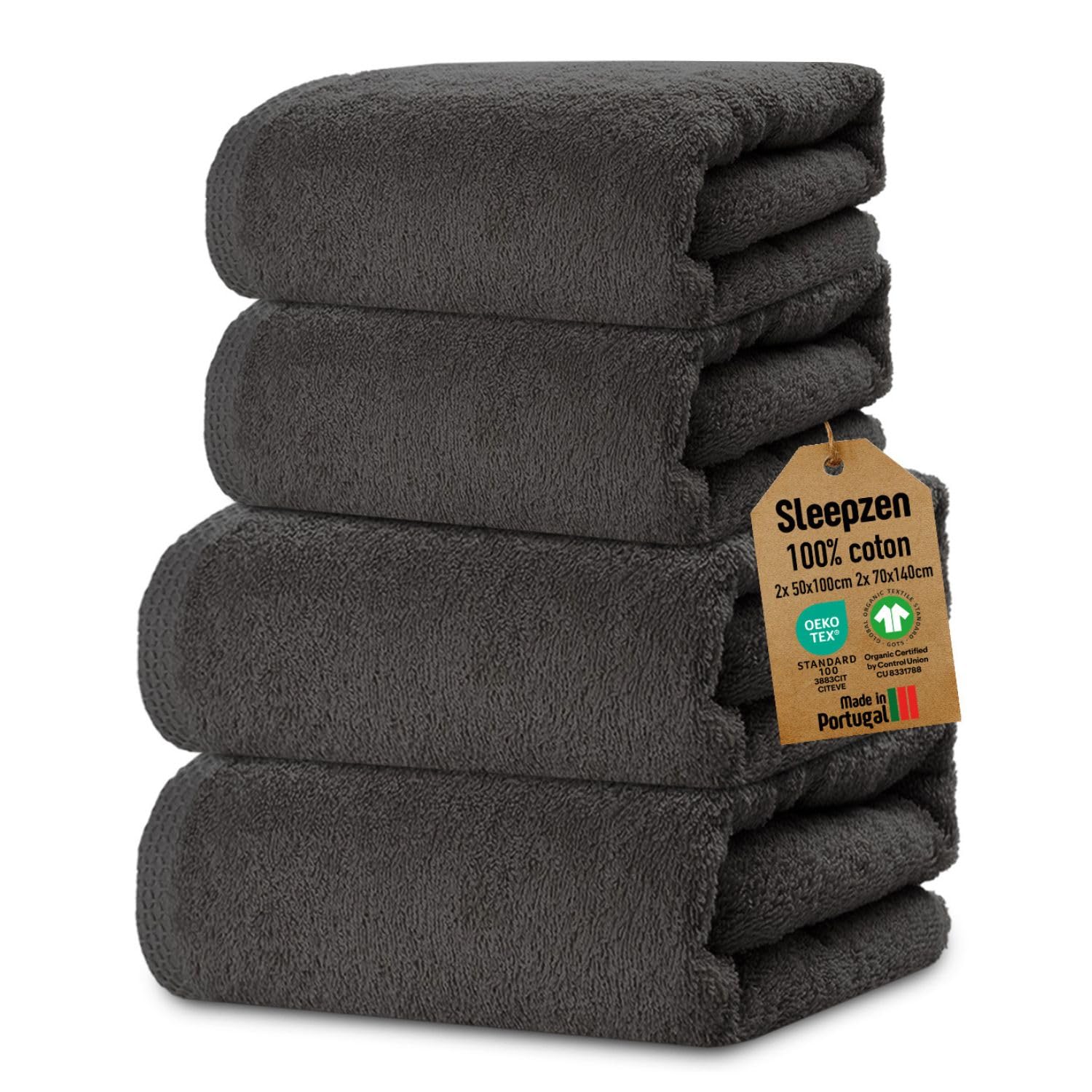SLEEPZEN - Lot de 2 Serviettes de Bain 50x100 et 2 Serviettes de Bain 70x140 - Coton Bio Certifié GOTS 500gr/m2 - Fabriqué en UE - Draps de Bain SLEEPZEN - Lot de 2 Serviettes de Bain 50x100 et 2 Serviettes de Bain 70x140 - Coton Bio Certifié GOTS 500gr/m2 - Fabriqué en UE - Draps de Bain