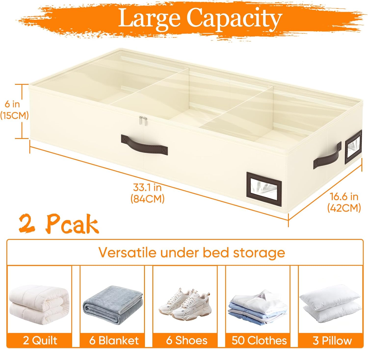 OIAHOMY 2 Pack 53L Under Bed Storage with Adjustable Dividers, 6" Low Profile Underbed Storage Bins for Comforters & Clothes, Save Closet Space with Clear View Lid & Reinforced Handles, Beige