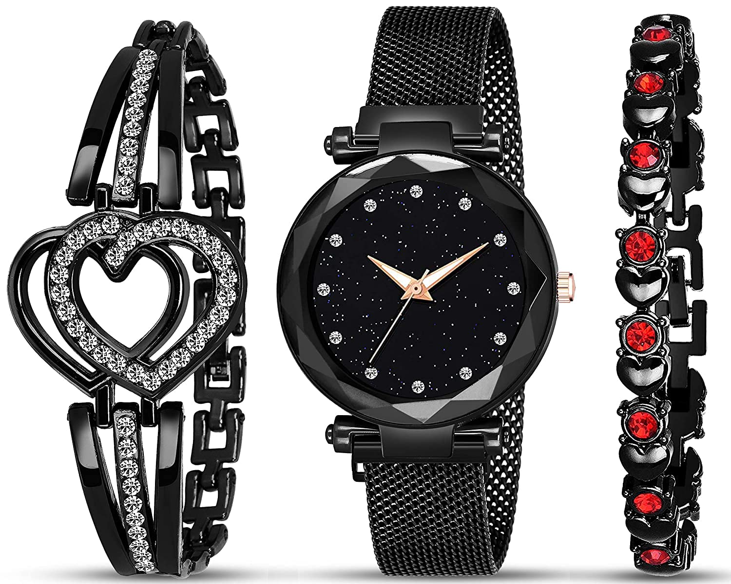 Endeavour Branded Analogue Diamond Studded Stylish Black Dial Magnet Belt Watch with Gift Bracelet for Women or Girls and Watch for Girl or Women (Combo of 3) (12pt Black) (B09VSR4FKZ) Amazon Price History, Amazon Price Tracker