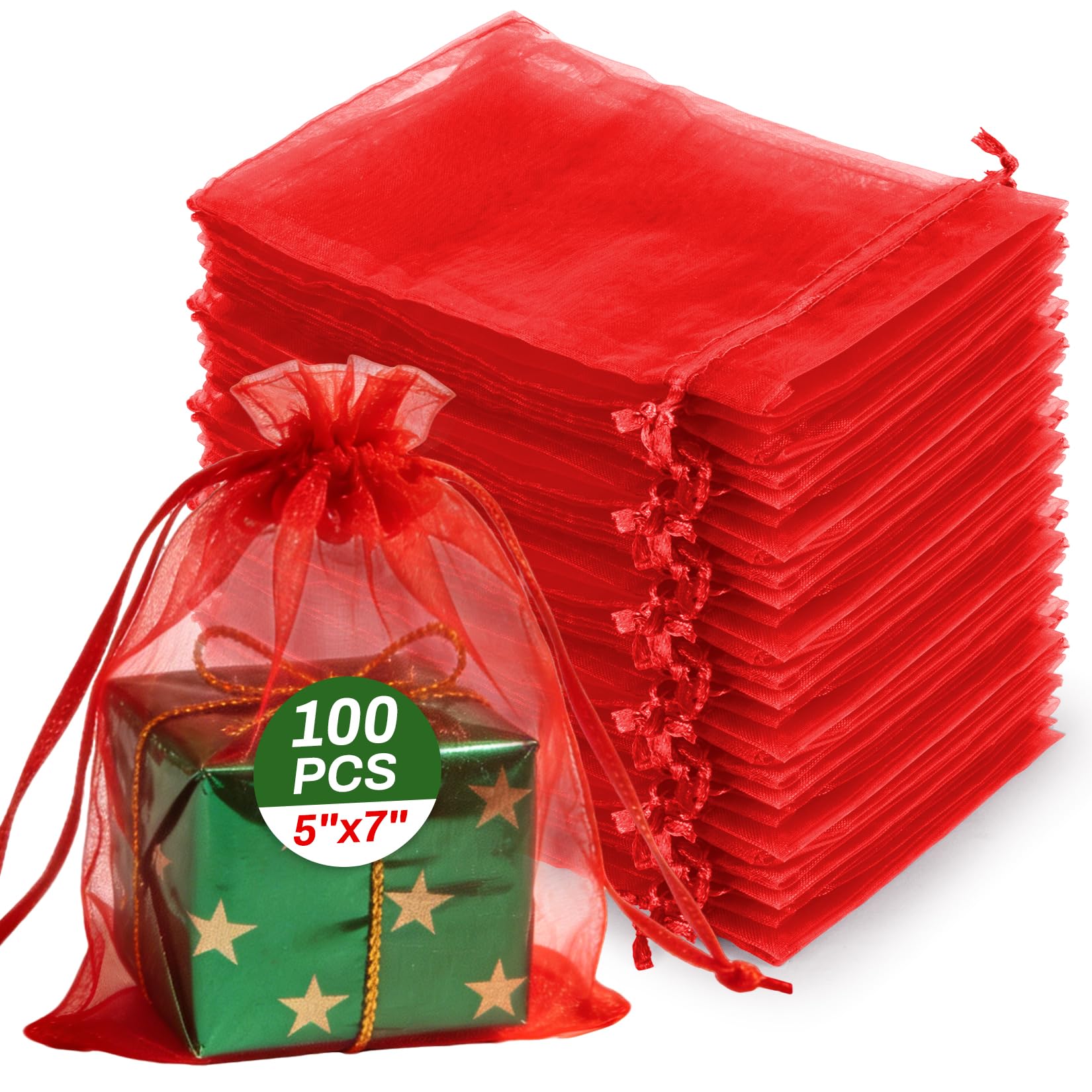 Sukh Red Organza Bags 5"x7" - 100PCS Small Mesh Drawstring Gift Bags