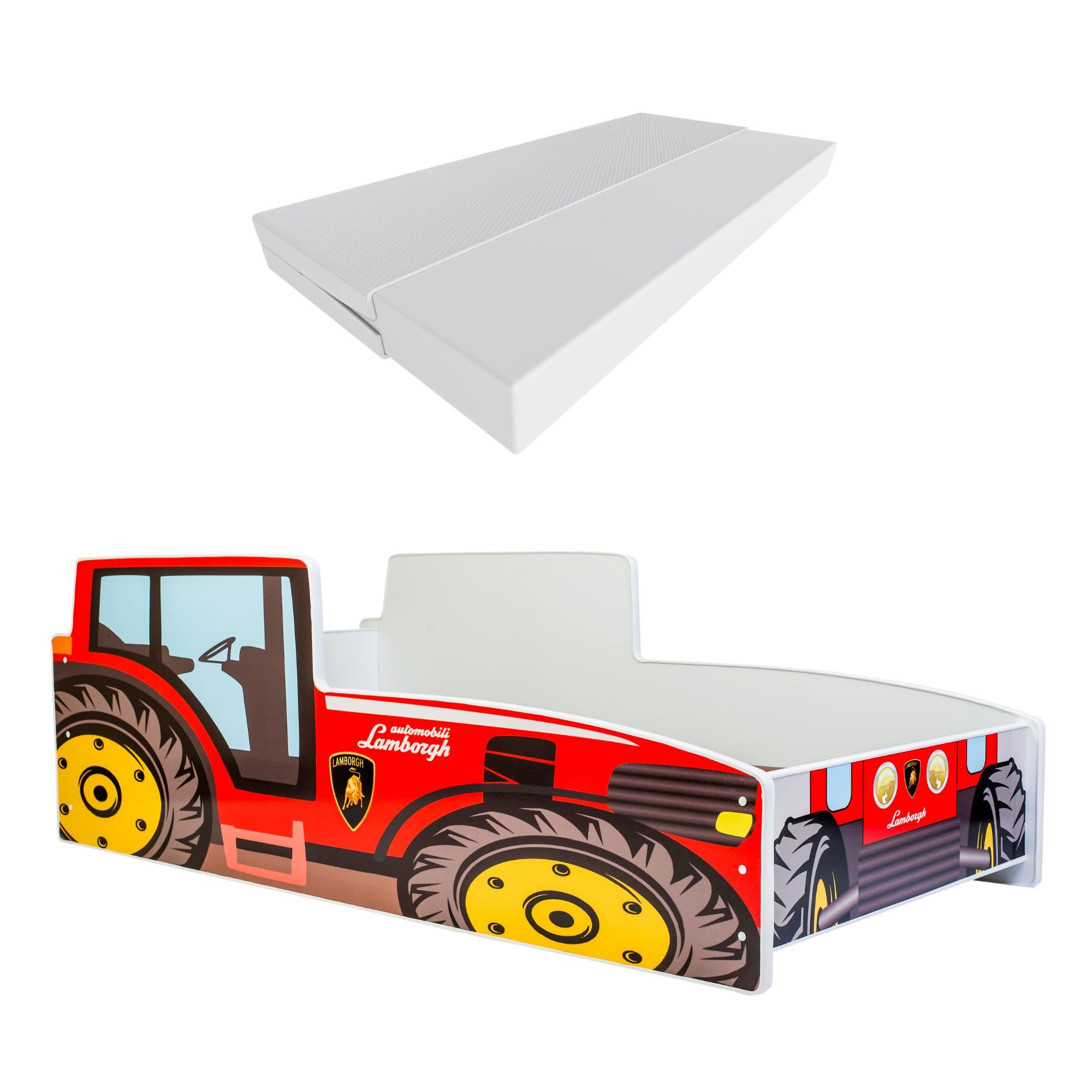 KOBI Kinderbett mit Rausfallschutz Bauernhof | Roter Traktor | 140 x 70 cm | Jugendbett mit Matratze | Kinderbetten Jungen Mädchen | Einzelbett Kinder Bett Autobett