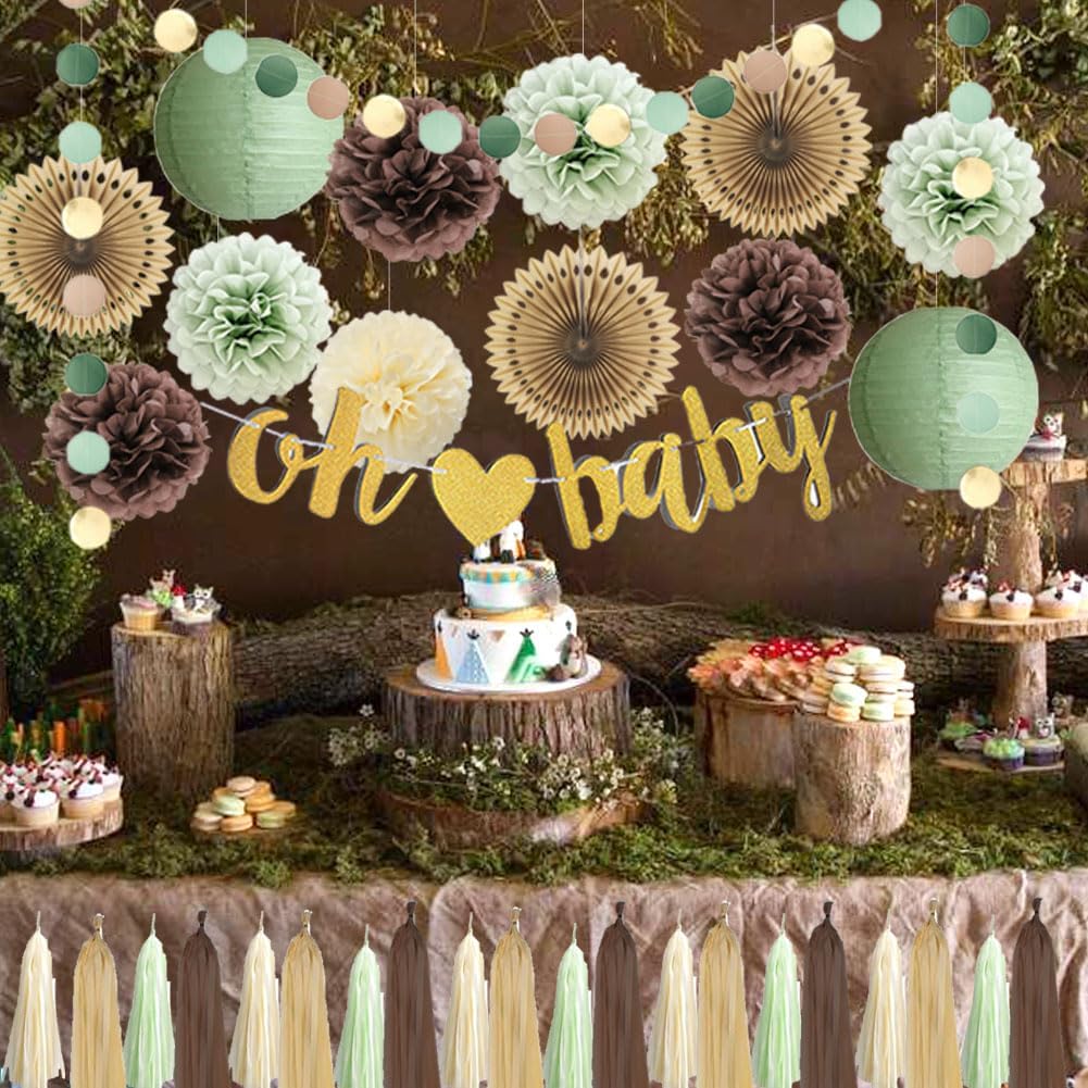 Woodland Baby Shower Decorations Sage Green and Brown Forest Theme Safari Jungle Baby Shower Decorations Gender Reval Party Decor with Beige Sage Green Brown Tassel Garlands