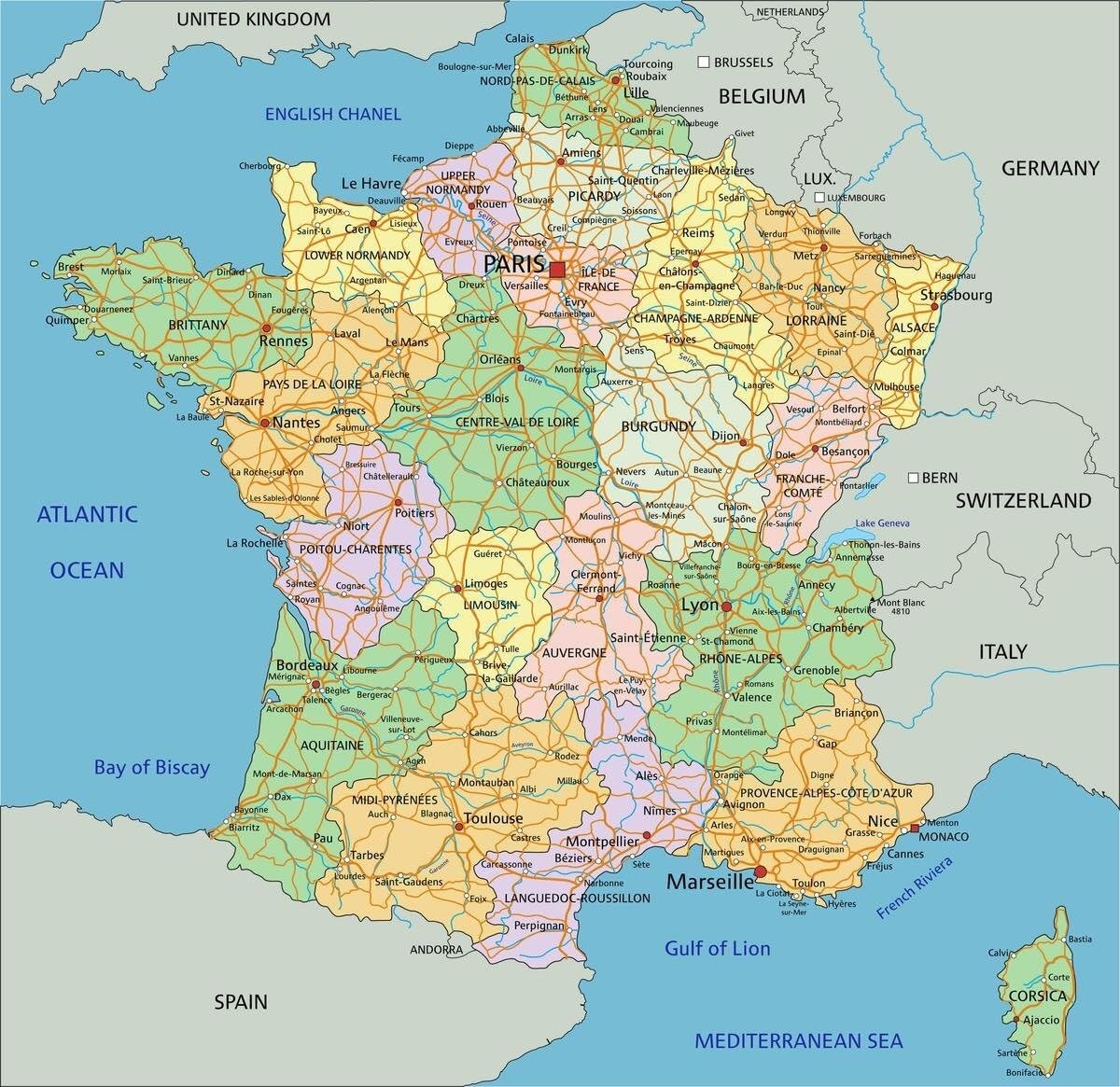 SSOPTMCB France Political Map Poster - Detailed Regions & Cities Educational Geography Reference(Unframed,16x24inch(40x60cm))