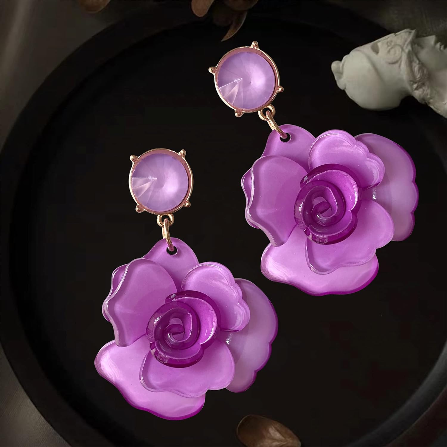 Unique Dainty Bohemian Luxury Oversize Resin Big Flower Dangle Drop Earrings Boho Big Flower Floral Petal Stud Earrings For Women Statement Crystal Jewelry Gifts - Image 3