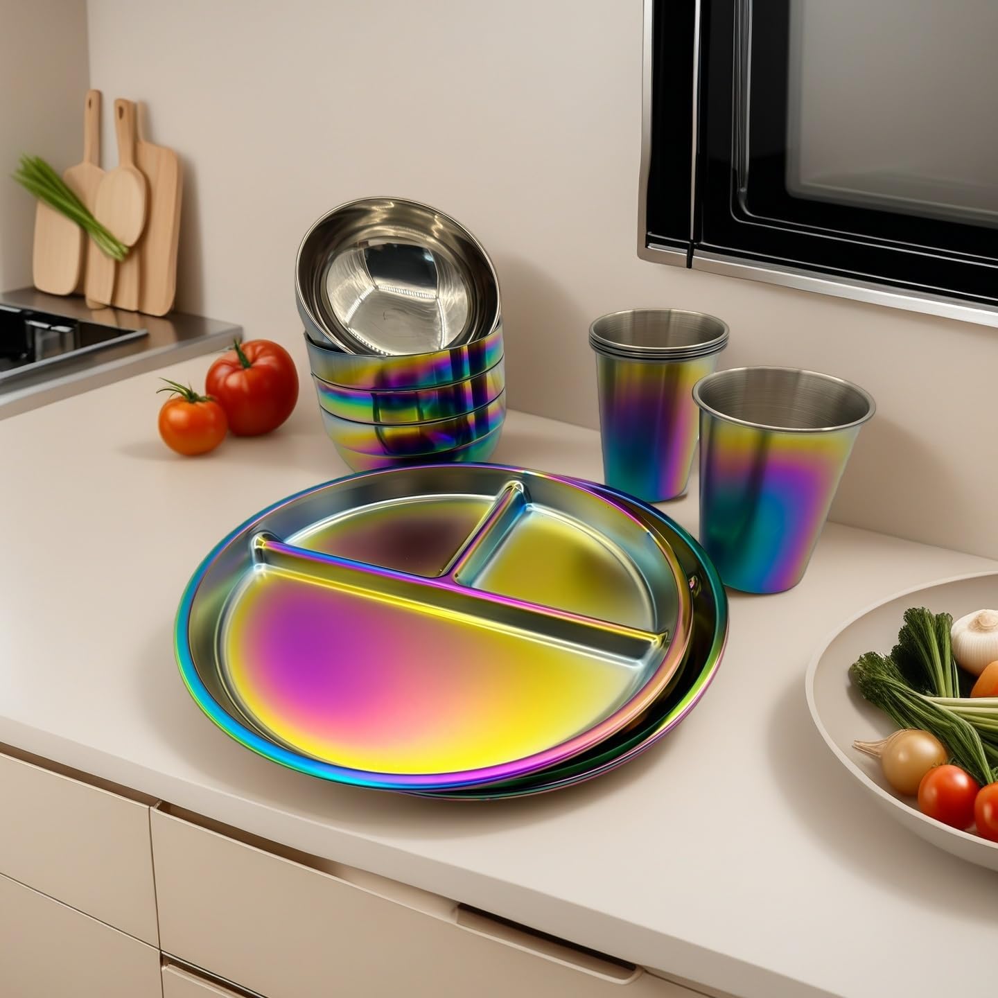12-Piece Stainless Steel Rainbow Dinnerware Set for 4 | Unbreakable Reusable, Divided Plates Bowls Cups, Round, Dishwasher Safe, For Kitchen Camping Picnic RV