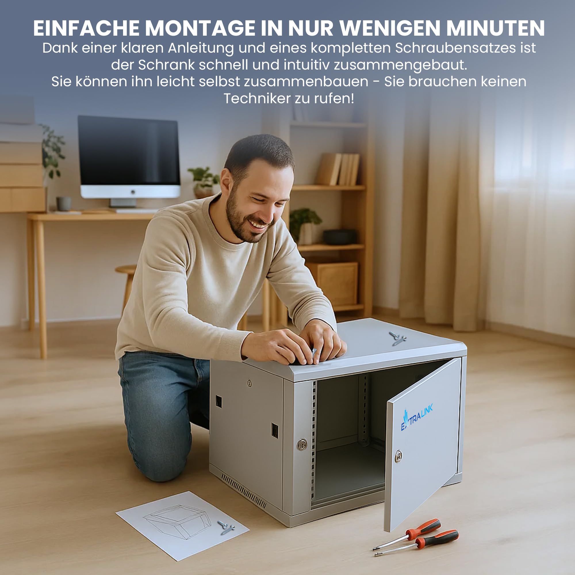 Extralink Serverschrank 19 Zoll 6HE – Netzwerkschrank 600mm Tiefe zur Wand- oder Standmontage, Traglast 60 kg, Metall-Gehäuse, abschließbar 180° Öffnung, grau – ideal für Heimnetzwerk & IT-Geräte