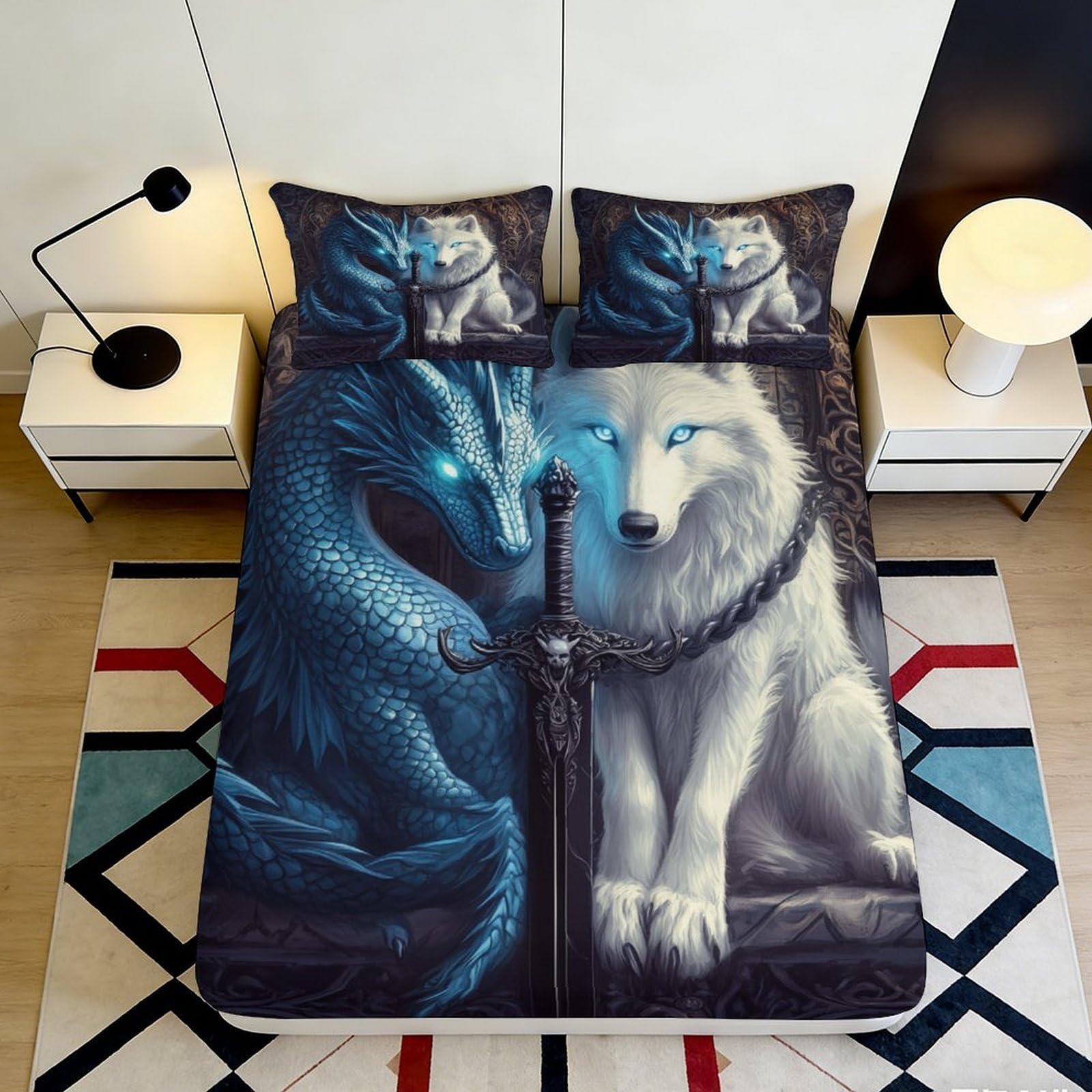 3D Printed Dragon and Wolf Fitted Sheet Microfiber Soft Durable Blue White 3D Printed Fantasy Bed Cover for Bedroom Dormitory Guest Room Mattress Protection 200x200x25cm