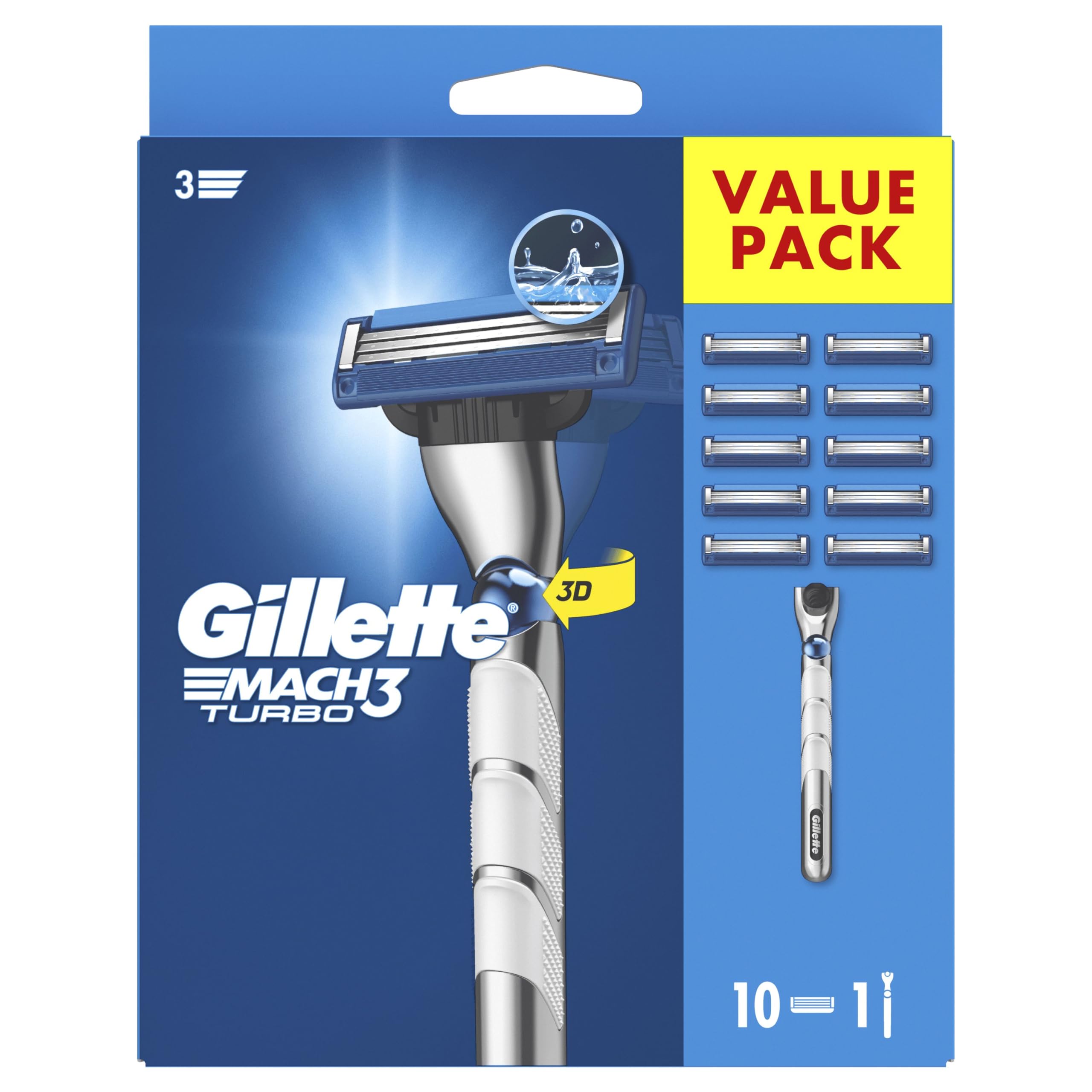 Gillette Mach3 Turbo Maquinilla De Afeitar Para Hombre, 1 Maquinilla De Afeitar Gillette De 3 Hojas, 10 Recambios, Mango Con Movimiento 3D