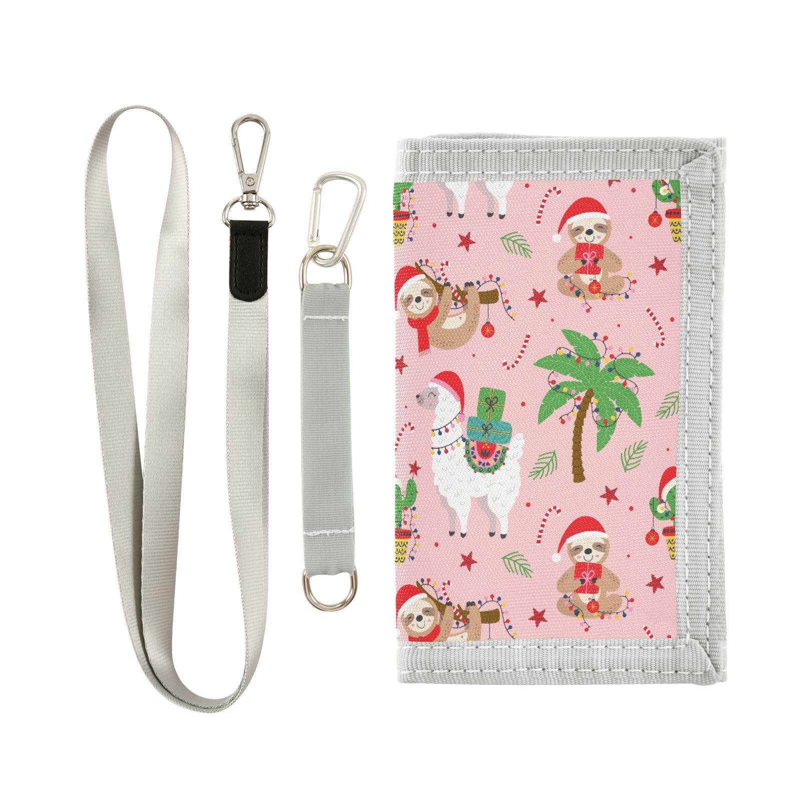 JHKKU Christmas Llama Sloth Cactus Kids Wallet for Boys Girls, Teen Canvas Trifold Purse with Zipper Coin Pocket