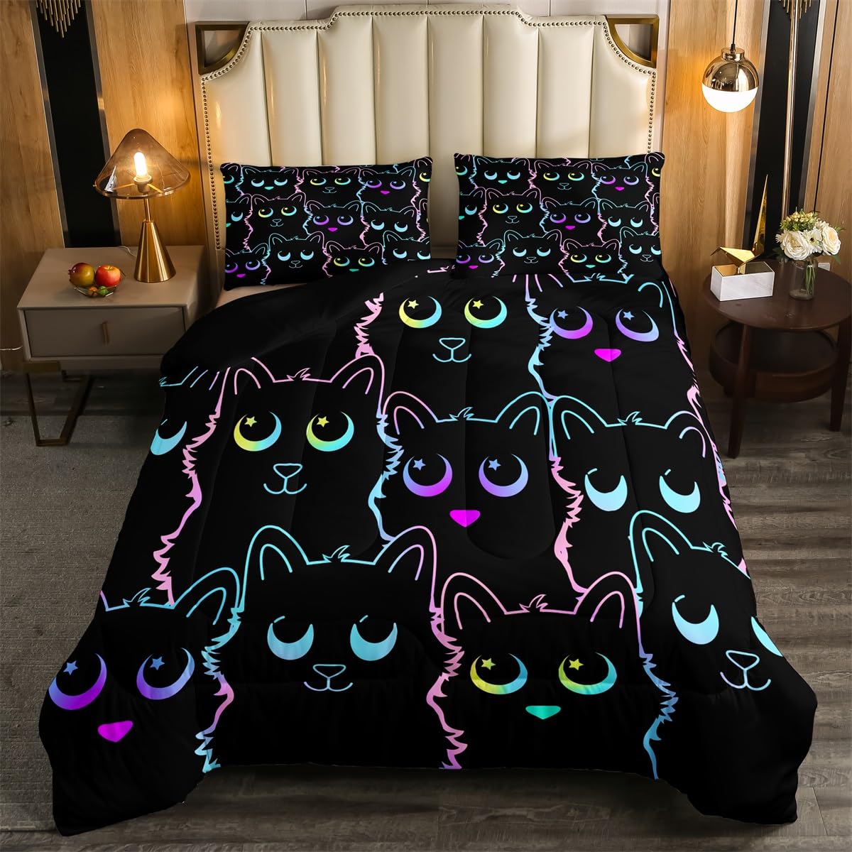 Feelyou Kids Black Cat Bedding Sets Teens Full Size Gradient Line Cute Cat Comforter Set for Boys Girls Adults Room Decor Decor, All Season,2 Pillow Cases