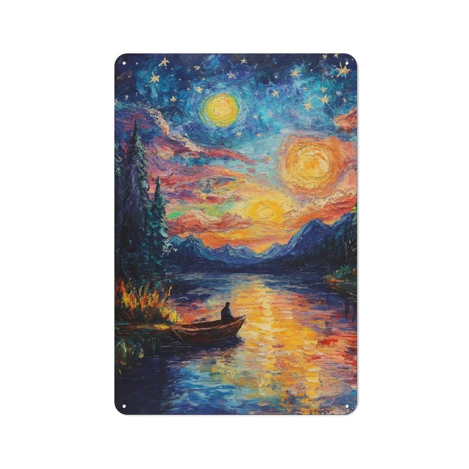 Junmoney Style-4 Country Style Kitchen Metal Sign 30X20cm Featuring Impressionistic Lake Scene With Boat, Diner Style Decor For Kitchen, Cafe, Pantry Or Dining Room