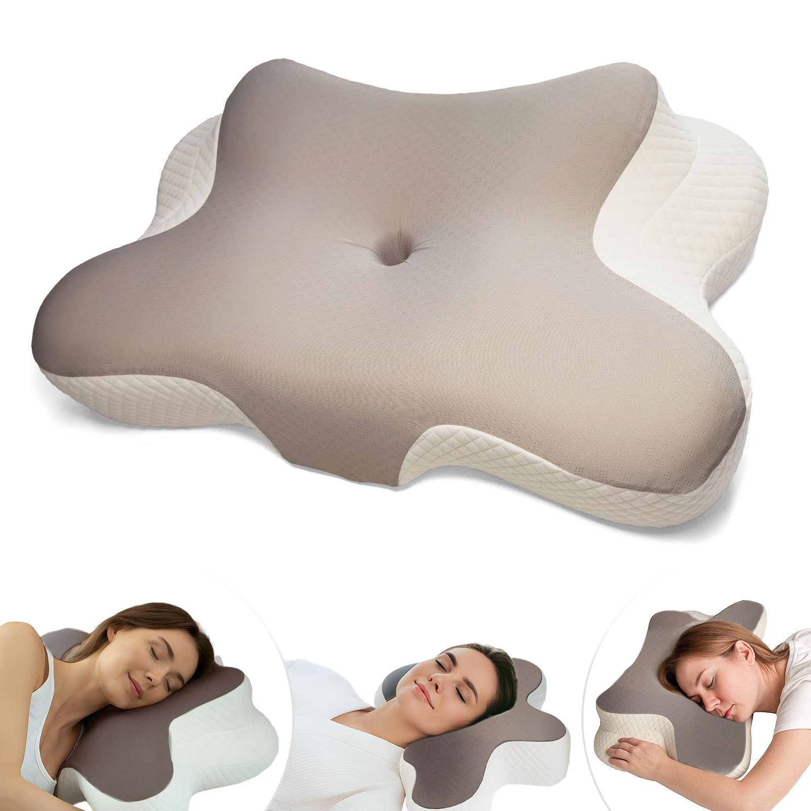 Cervical Neck Pillow Memory Foam Pillow, 2 in 1 Cervical Pillow for Neck Pain Relief, Ergonomic Neck Support Pillows for Side Back Stomach Sleepers with Breathable Pillowcase(Gray and White)