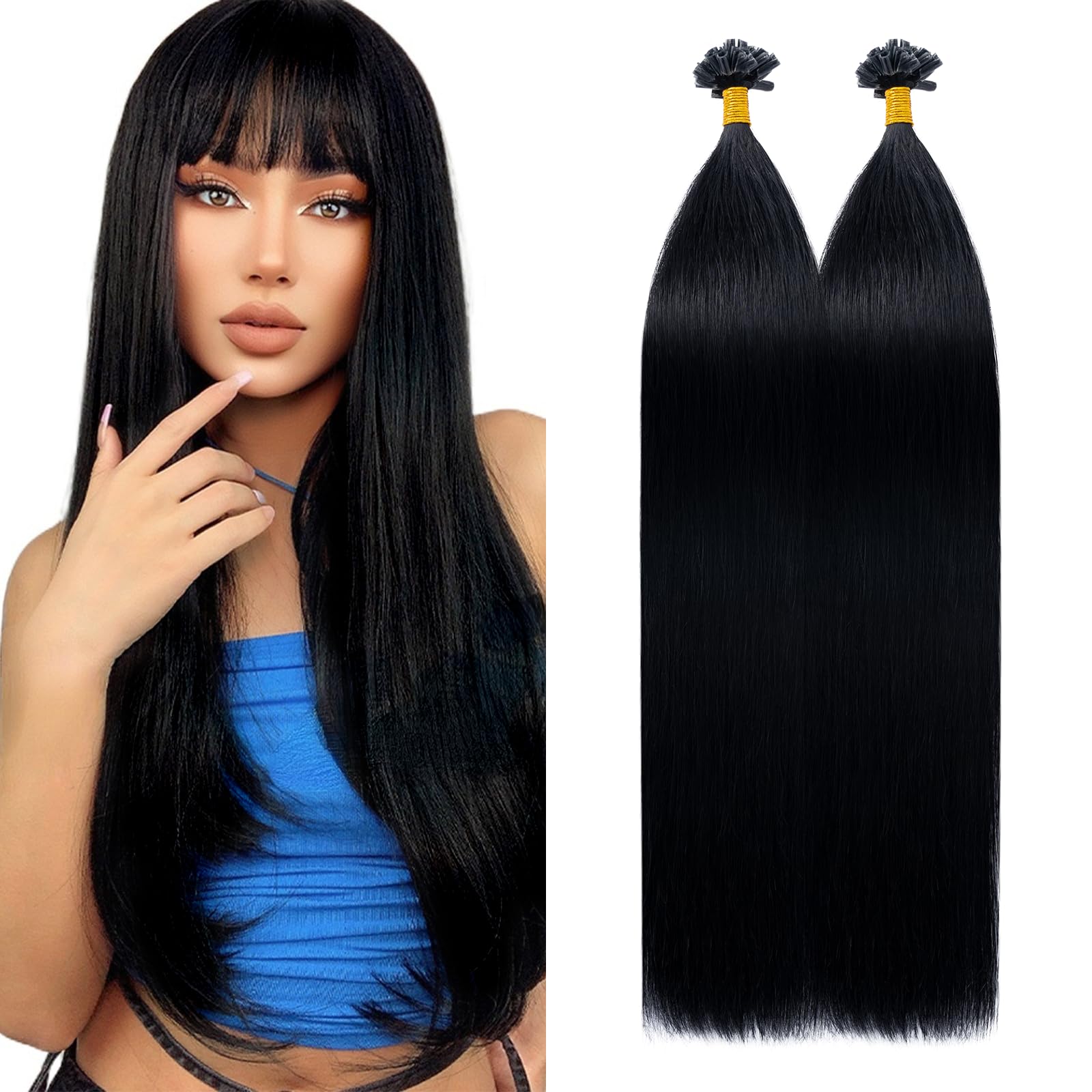 Silk-co U Tip Pre Bonded Hair Extensions Strands Keratin Nail Tip Straight Human Hair Extensions U tip Real Remy Hair 100 Strands Keratin Nail Til 22"-100g #01 Jet Black